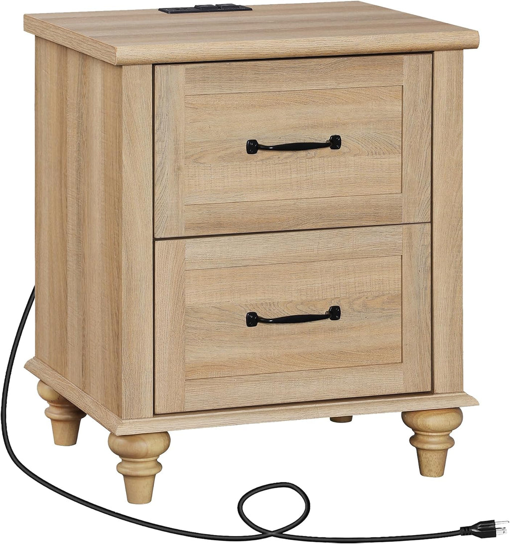 WAMPAT End Table Nightstand with Charging Station, Farmhouse Side Table for Living Room with 2 Drawers, Natural Wood Night Stand Bedside Table for Bedroom, Oak