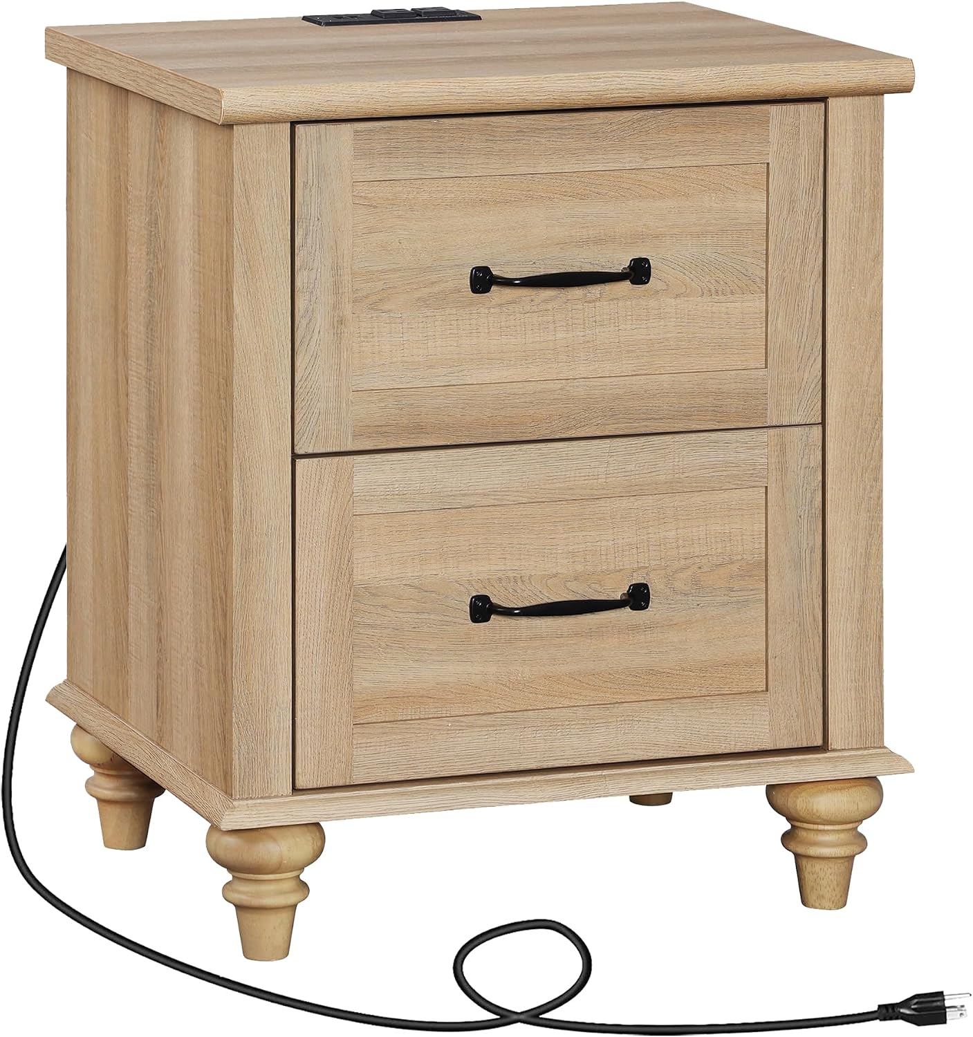 WAMPAT End Table Nightstand with Charging Station, Farmhouse Side Table for Living Room with 2 Drawers, Natural Wood Night Stand Bedside Table for Bedroom, Oak