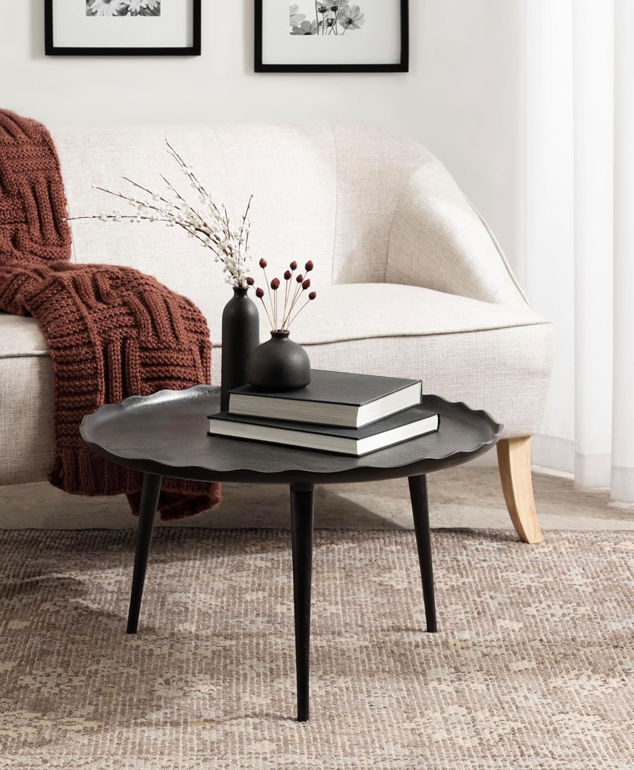 Kate and Laurel Alessia Modern Round Metal Coffee Table; 26 x 26 x 16; Black; Sand Cast Aluminum Coffee Table with Raised Deckled Edge for Storage and Display