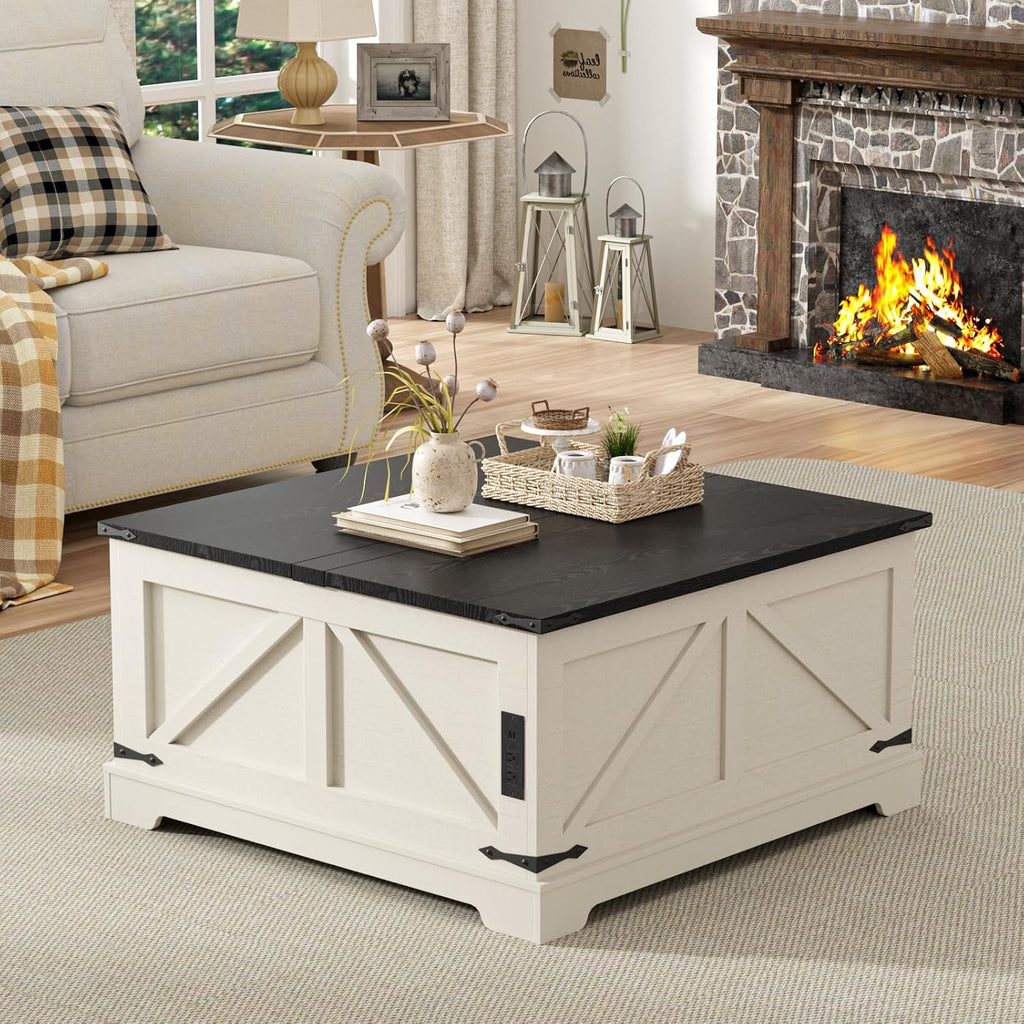 FiveWillowise Coffee Table with Storage, Farmhouse Lift Top Wood Square Center Table with Charging Station, Rustic Cocktail Tables with Flip Top Lids for Living Room, Home Office, 35.4' W, White