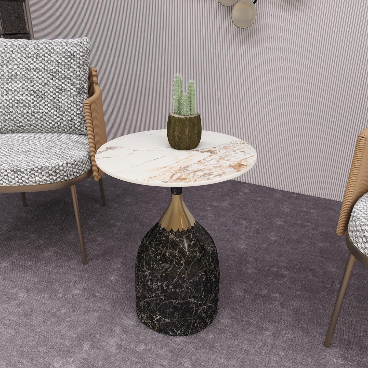 LeisureMod Oslo Modern Round Side Table with Elegant Sintered Stone Top and Sculptural Stainless Steel Pedestal Base, Chic Accent End Table for Living Room, Home or Sofa, Marbled Brown