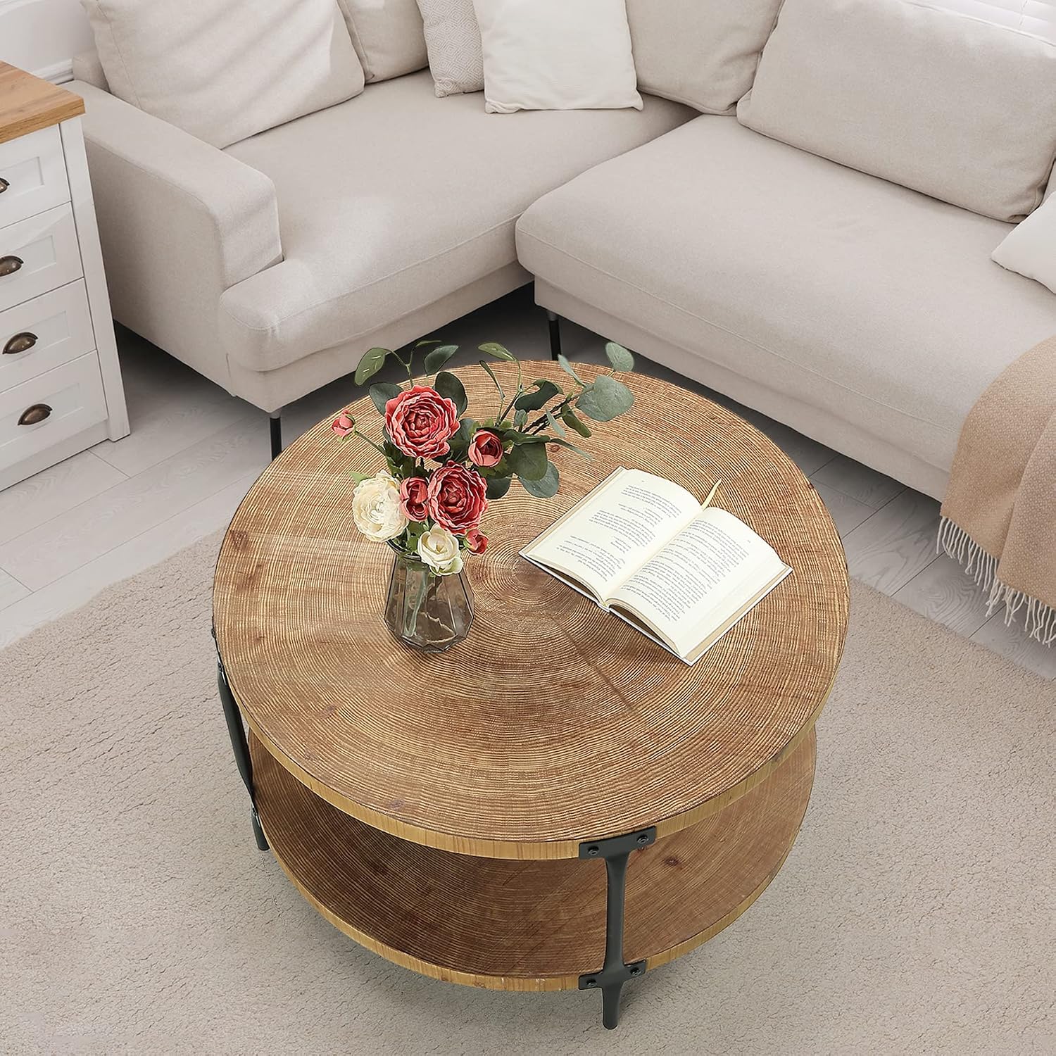 Awescuti Round Boho Wood Coffee Table - 29.1' Farmhouse Natural Circle Wooden 2-Tier Coffee Tables Living Room Furniture, 29.1' D x 18.3' H, Natural Wood Color
