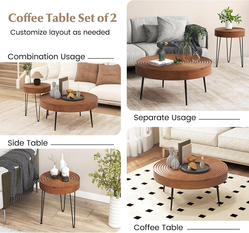 Giantex Boho Round Coffee Table Set of 2, Sofa Side Nesting Table with Solid Pine Wood Top, Metal Legs & Adjustable Foot Pads, 31.5' D Large Table Set for Living Room (Ring Pattern, Brown)