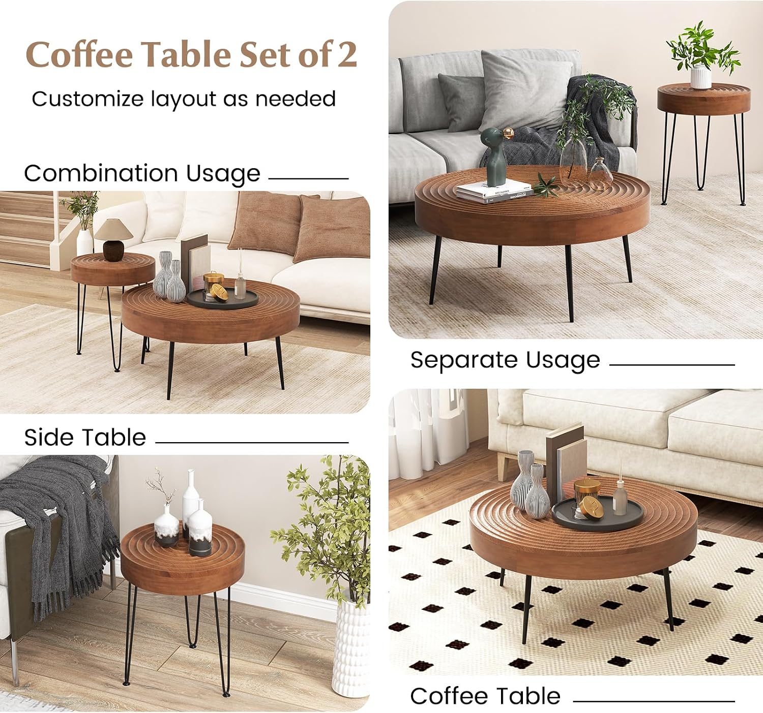 Giantex Boho Round Coffee Table Set of 2, Sofa Side Nesting Table with Solid Pine Wood Top, Metal Legs & Adjustable Foot Pads, 31.5' D Large Table Set for Living Room (Ring Pattern, Brown)