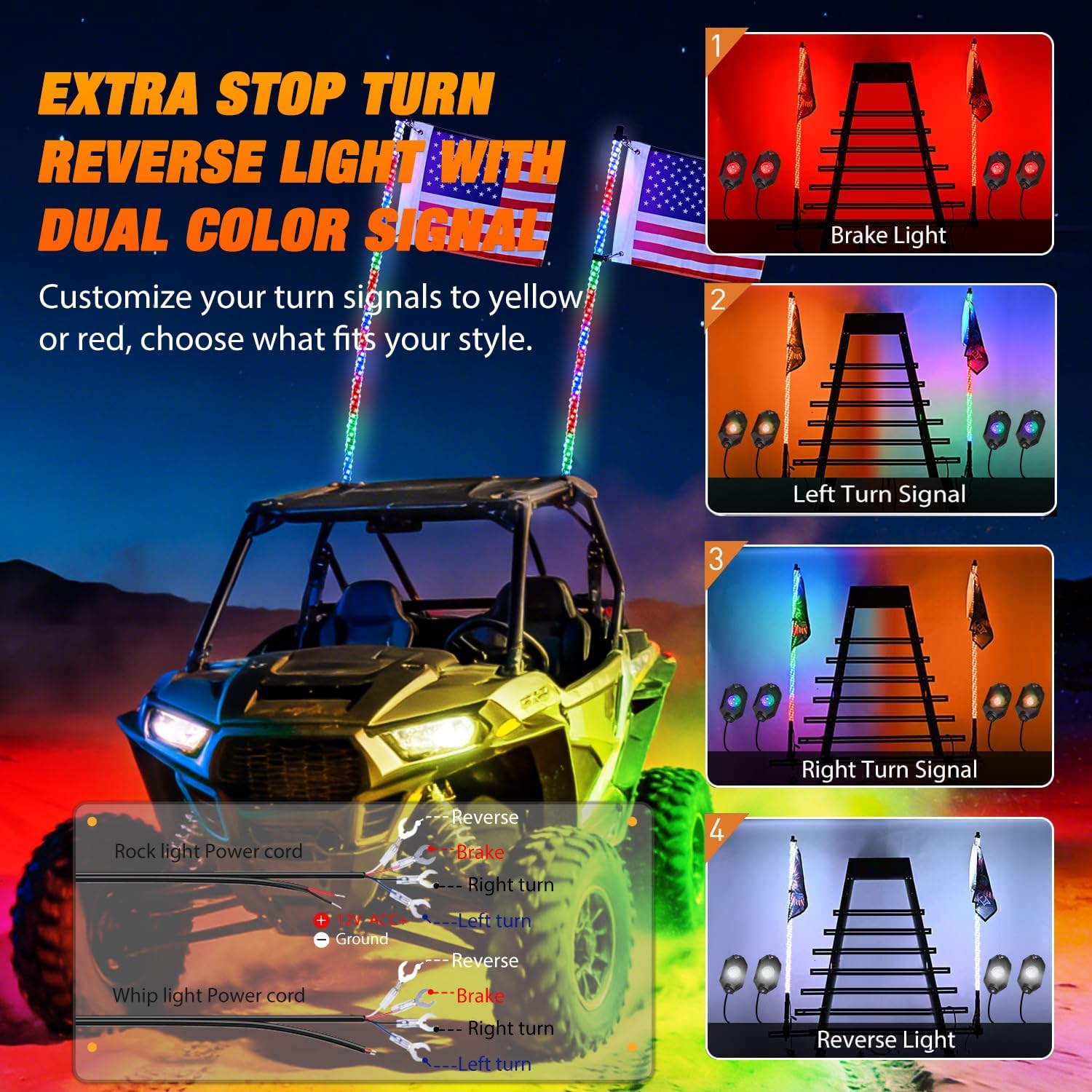 Nilight 2PCS 3FT RGB LED Whip Light with Spring Base and 4 PCS Rock Lights Combo, Remote App Control w/DIY Chasing Patterns Turn Signal Brake Reverse Antenna Lighted Whips for ATV UTV Polaris RZR Jeep