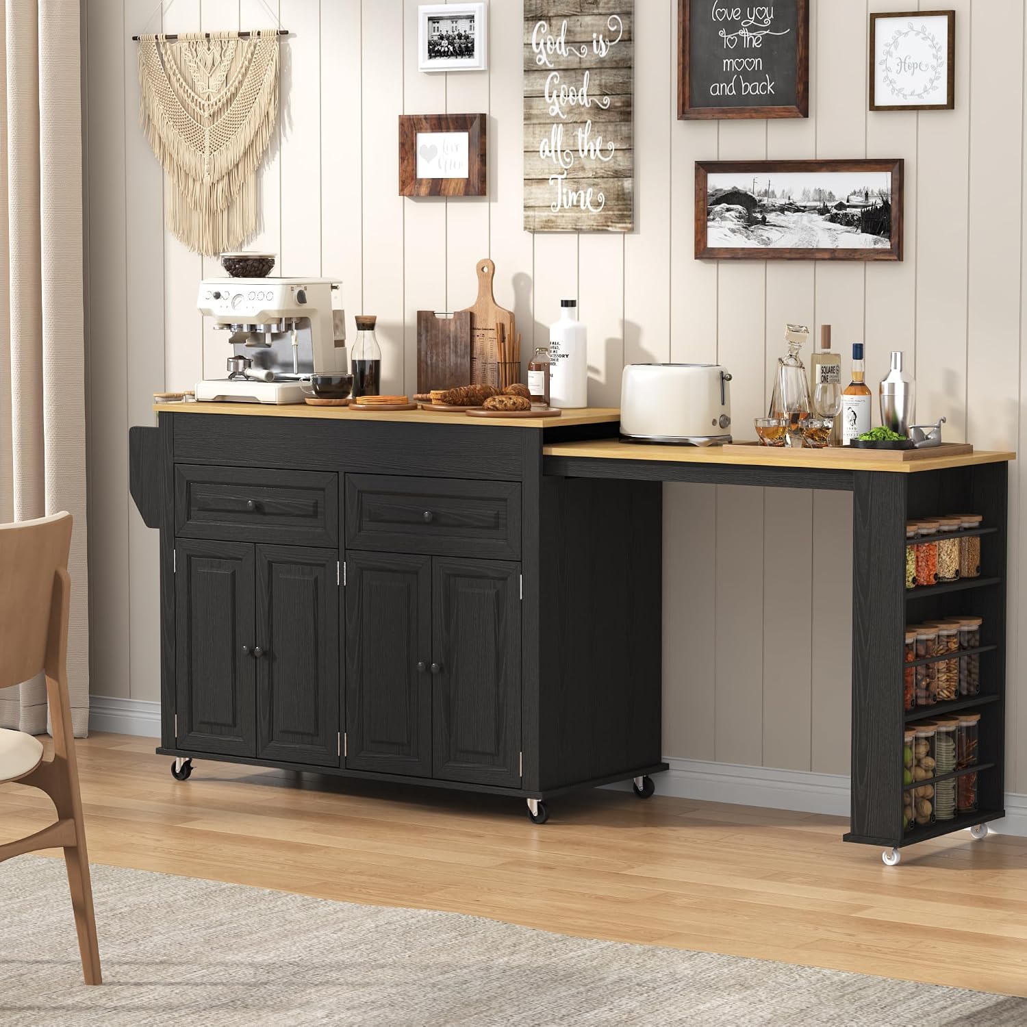 80'-48' Extendable Kitchen Island with Extended Dining Table and Power Outlet,Large Mobile Kitchen Storage Islands with 2 Storage Drawers,Rolling Islands Cart with 3 Extra Rows Open Shelves(Black)