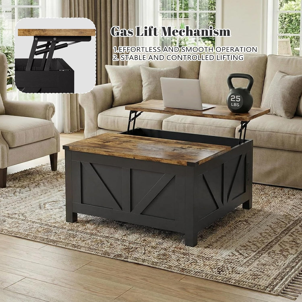 35' Farmhouse Coffee Table with Large Storage, Rustic Wood Lift Top Coffee Table for Living Room, Square Center Table with Charging Station&USB, Modern Port Pottery Barn Lift top Table