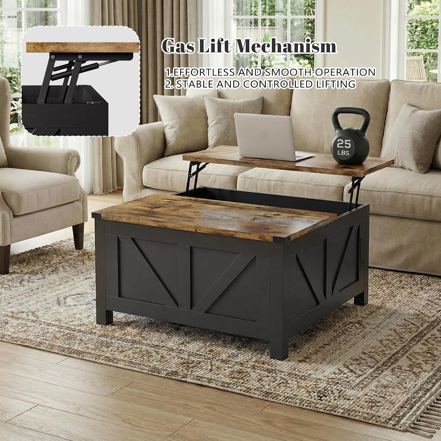 35' Farmhouse Coffee Table with Large Storage, Rustic Wood Lift Top Coffee Table for Living Room, Square Center Table with Charging Station&USB, Modern Port Pottery Barn Lift top Table