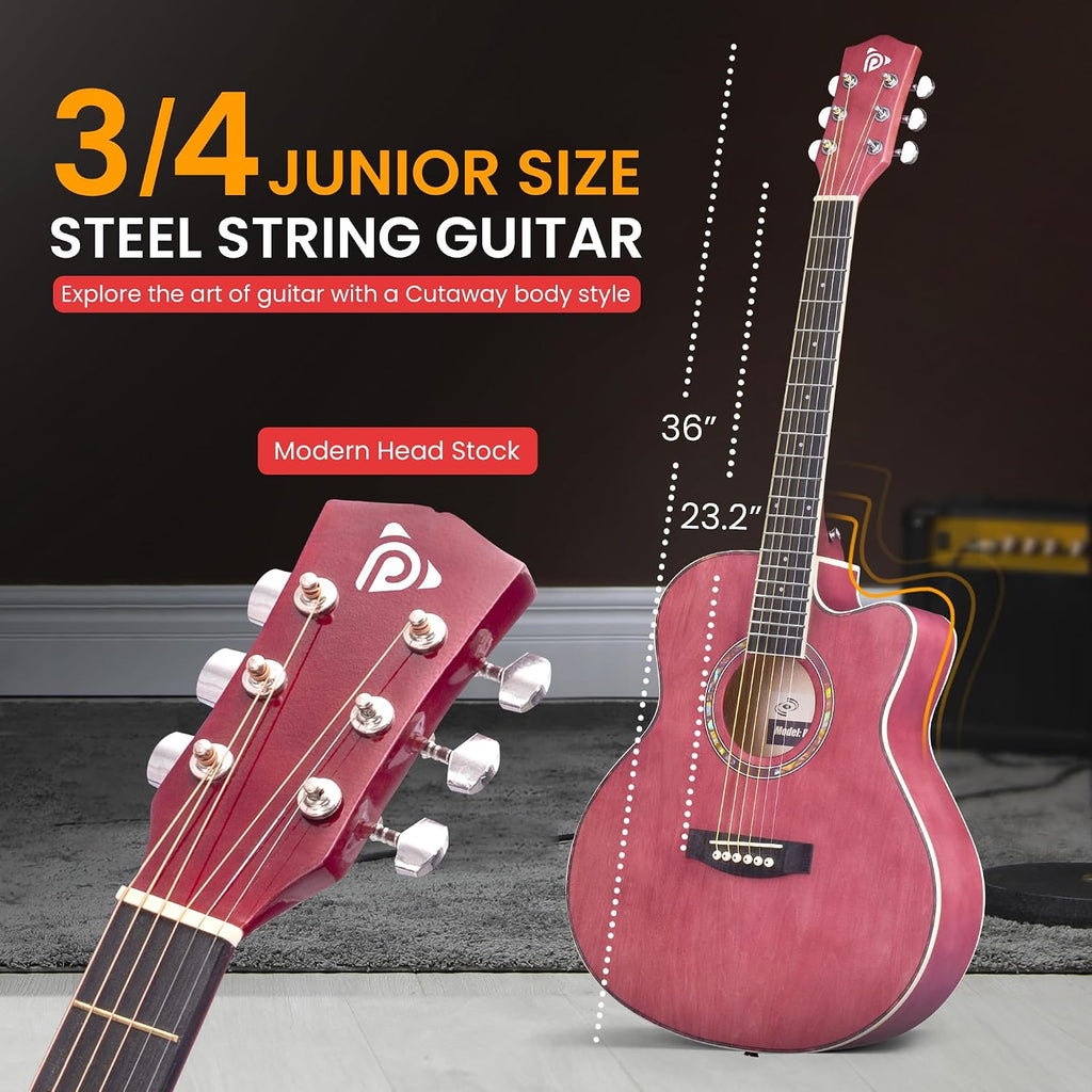 Pyle Acoustic Guitar Kit, 3/4 Junior Size All Wood Steel String Instrument for Beginner Kids, Adults, 36' Deep Ruby
