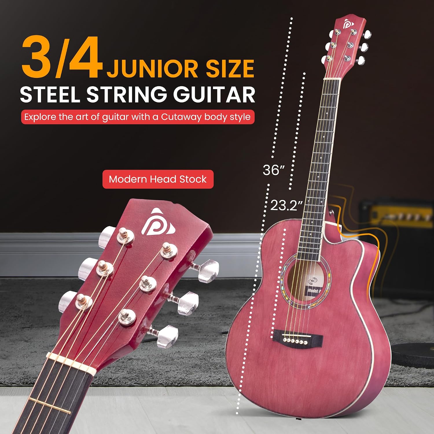 Pyle Acoustic Guitar Kit, 3/4 Junior Size All Wood Steel String Instrument for Beginner Kids, Adults, 36' Deep Ruby
