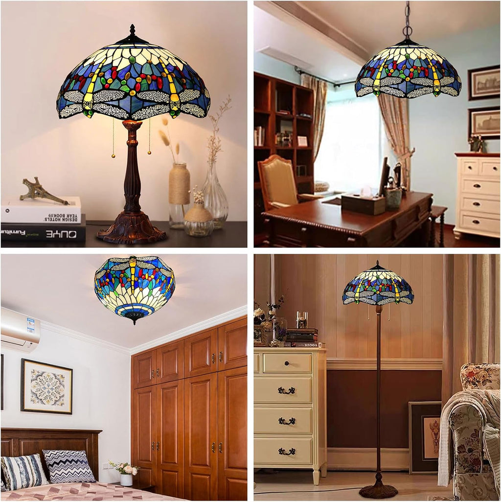 Blue Dragonfly Lamp Shade Replacement Only 16X9 Inch Tiffany Style Stained Glass Lampshades Vintage White Blue Glass Beads Light Cover for Table Lamp Pendant Light Floor Lamp Ceiling Lamp