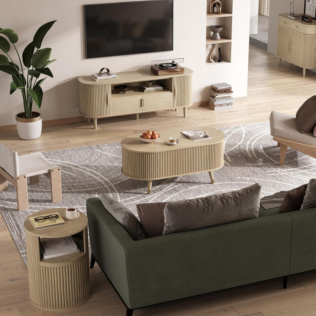 Oval Lift Top Coffee Table with Storage, 42.5' Fluted Coffee Table with Lifting Top & Solid Wood Legs, Mid Century Modern Center Table for Living Room, Home Office, Oak