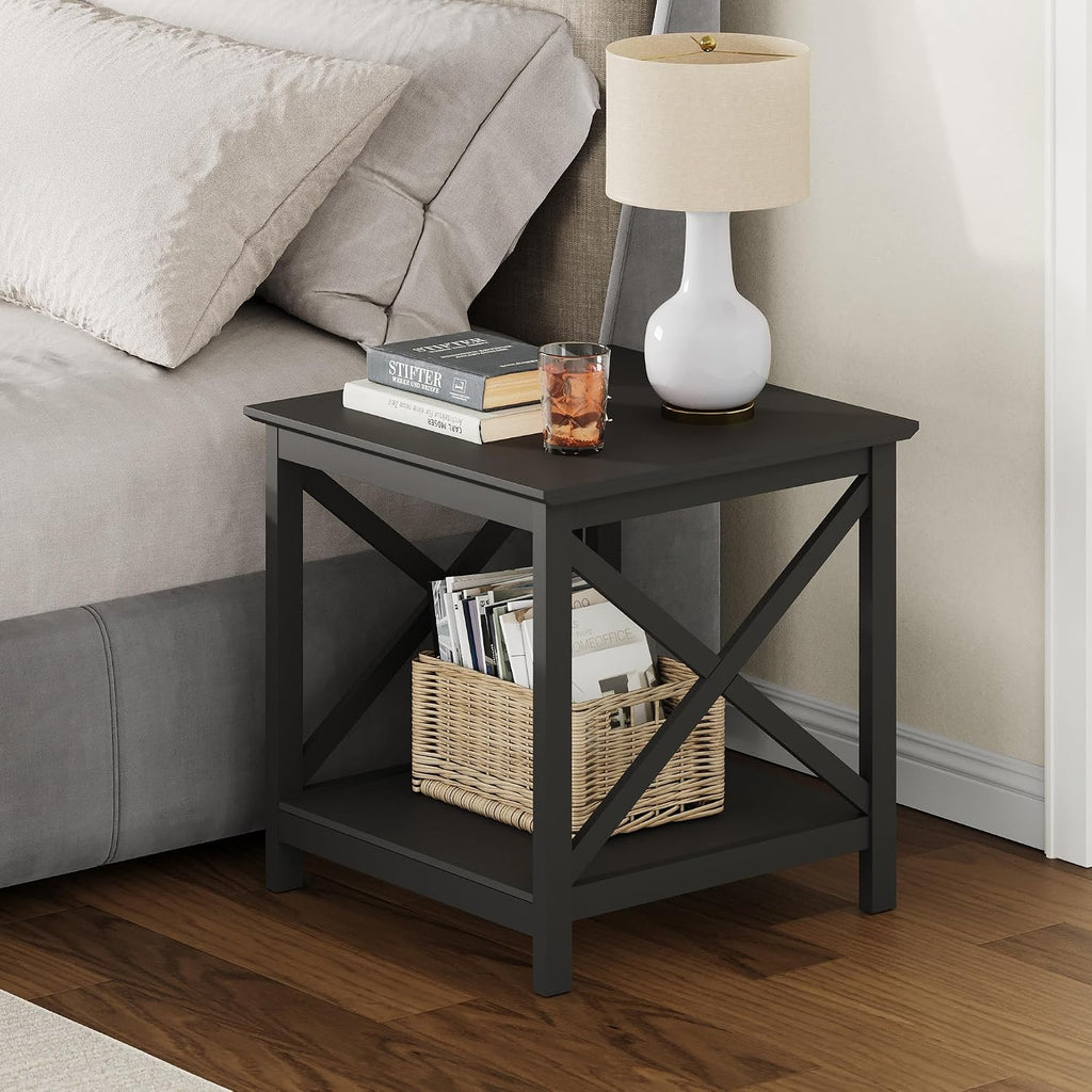 ChooChoo End Tables Set of 2, 24 Inch End Table with 2-Tier Storage Shelf, Side Table for Living Room, Wood Nightstand for Bedroom, Office, Painted Surface, Black