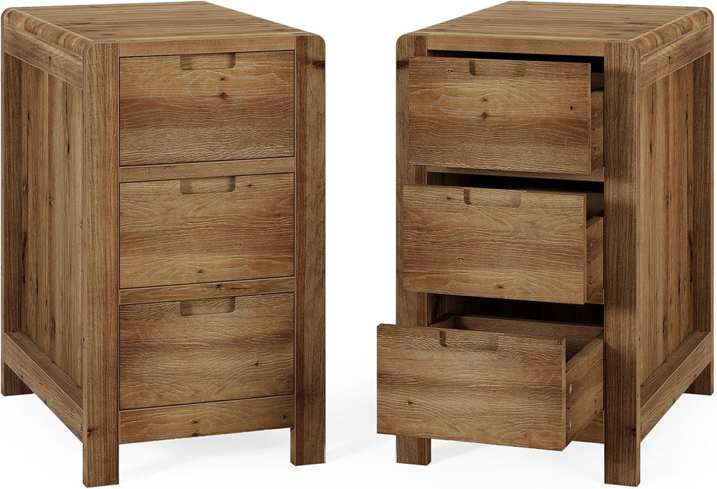 LITTLE TREE 3-Drawer Real Wood End Table Set 2, Narrow Side Table with Storage Drawers, Solid Wood Sofa Side Table for Living Room, Slim Nightstand Bedside Table for Bedroom, Natural Wood Color