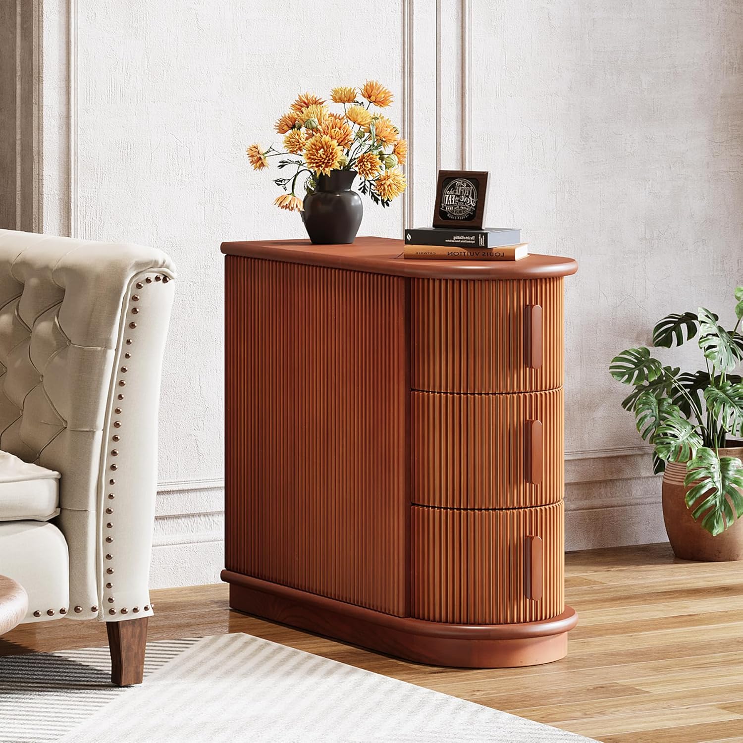 Tribesigns 3-Drawer Wooden End Table, Modern Sofa Side Table, Narrow Chair Side Table Slim Nightstand for Living Room, Bedroom, Finished Back, No Assembly Required, Walnut