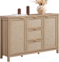 SICOTAS 52' Larger Sideboard Buffet Coffee Bar Cabinet with Storage - Farmhouse Rattan Credenza Storage Cabinet with 3 Drawers and 2 Doors, Boho Console Table for Living Room, Kitchen, Light Oak