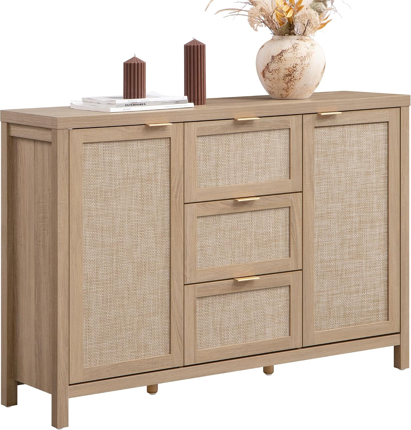 SICOTAS 52' Larger Sideboard Buffet Coffee Bar Cabinet with Storage - Farmhouse Rattan Credenza Storage Cabinet with 3 Drawers and 2 Doors, Boho Console Table for Living Room, Kitchen, Light Oak