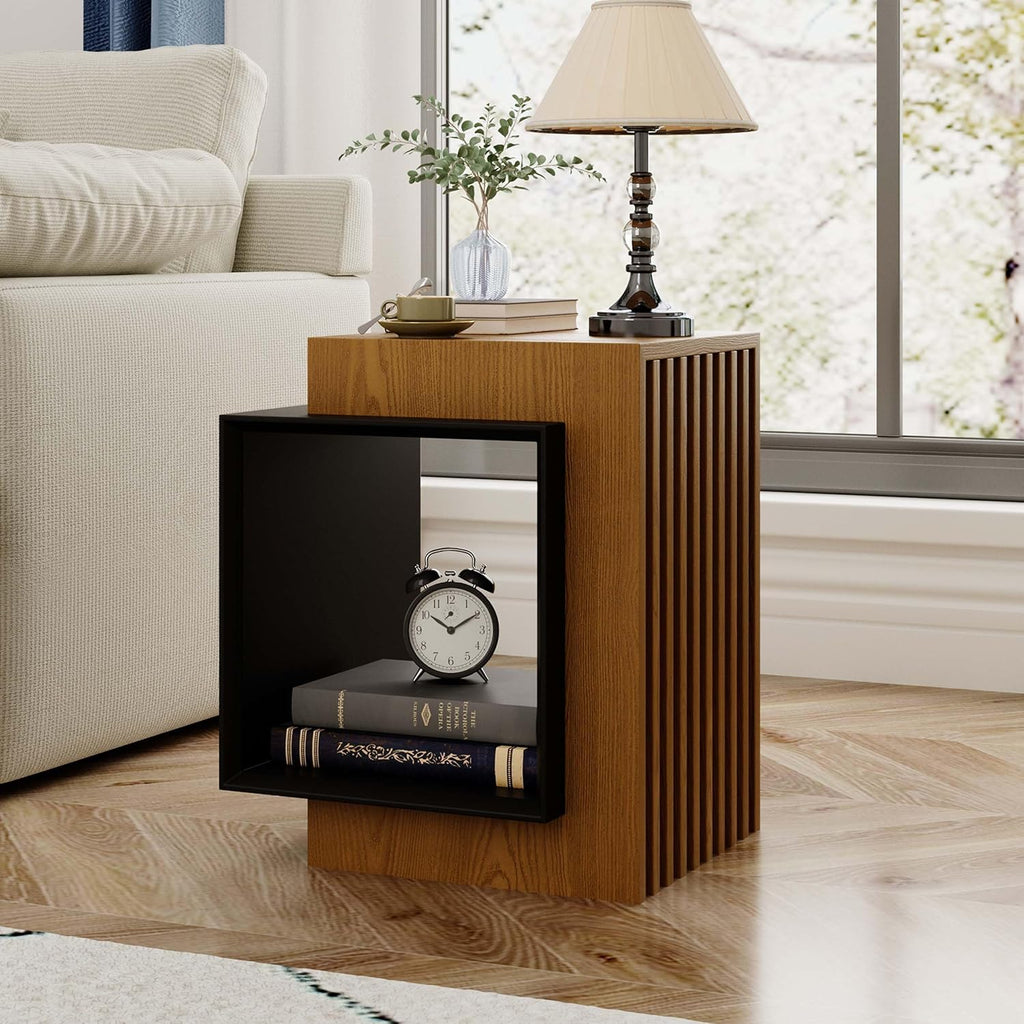 POVISON Minimalist Side Table,17.71' Wood End Table with Storage for Small Spaces,Nightstand for Living Room, Bedroom, Office,Rustic Brown and Classic Black
