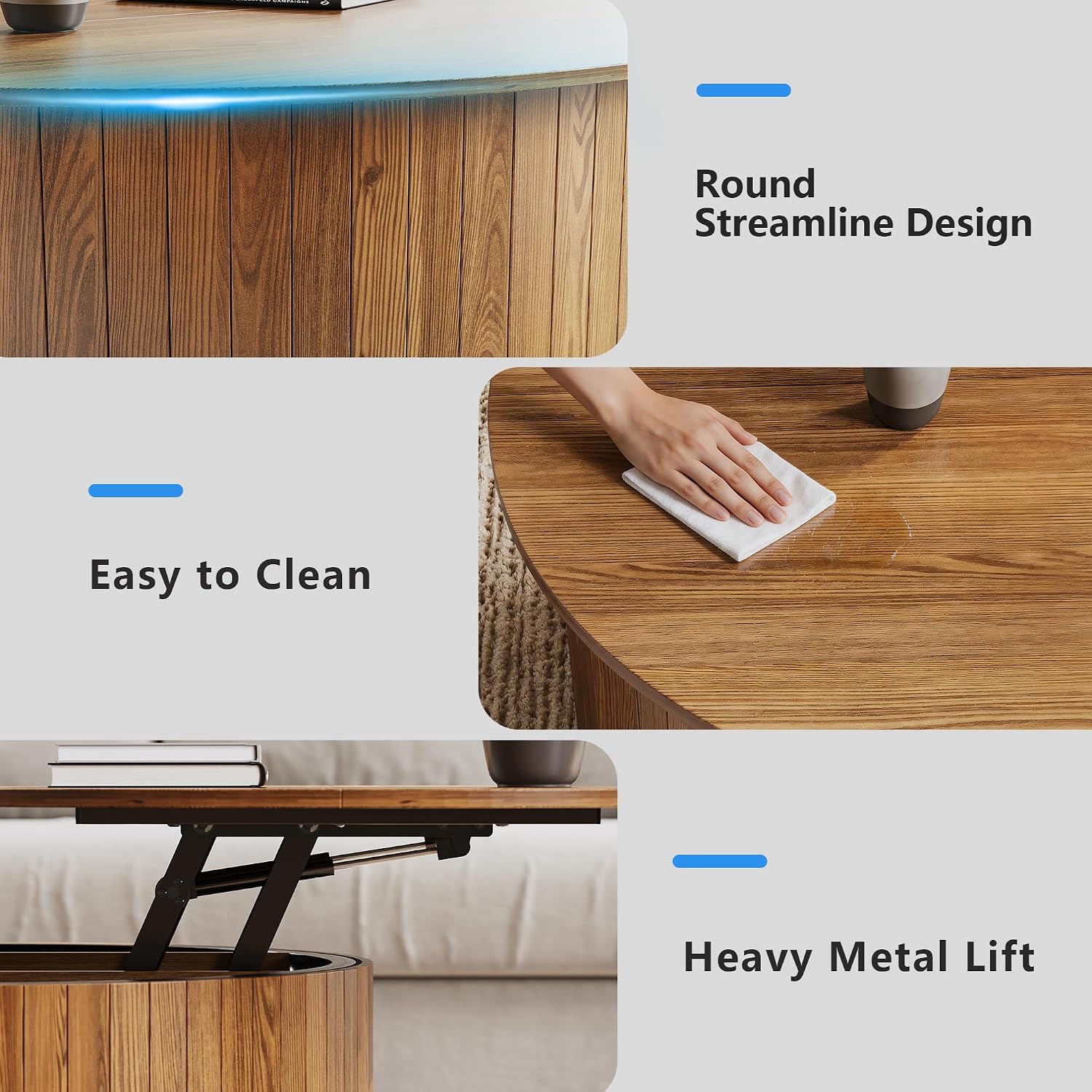 kepptory Round Lift Top Coffee Table with LED Lights, Mid Century Modern Wooden Coffee Tables with 3 Storage Space, Circle Center Table for Living Rooms,Dining Room,Bedroom Home Office,APP LED Lights