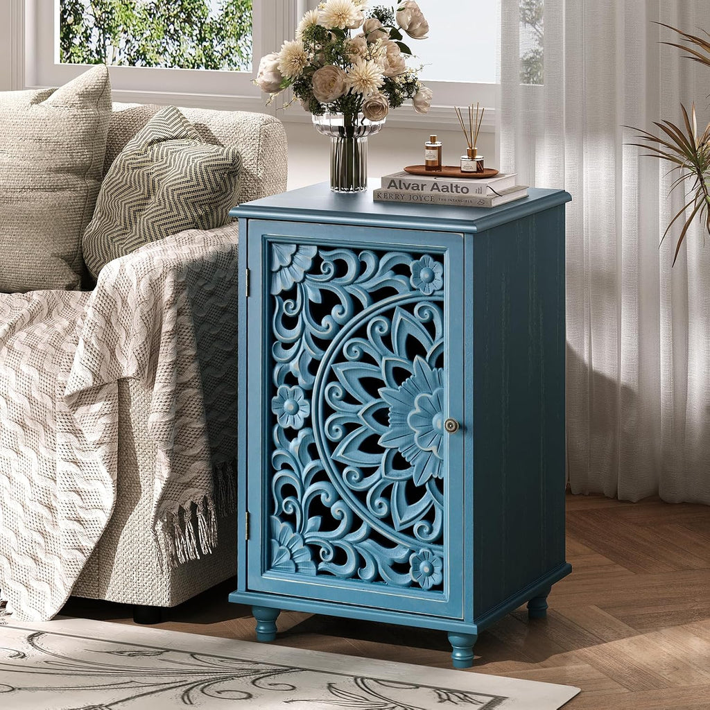 JOINICE End Table with Storage, 28' Tall Blue Side Table with Carved Door & Adjustable Shelf, Small Accent Cabinet with Solid Wood Legs for Living Room & Bedroom, Distressed Farmhouse Style