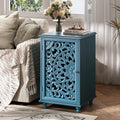 JOINICE End Table with Storage, 28' Tall Blue Side Table with Carved Door & Adjustable Shelf, Small Accent Cabinet with Solid Wood Legs for Living Room & Bedroom, Distressed Farmhouse Style