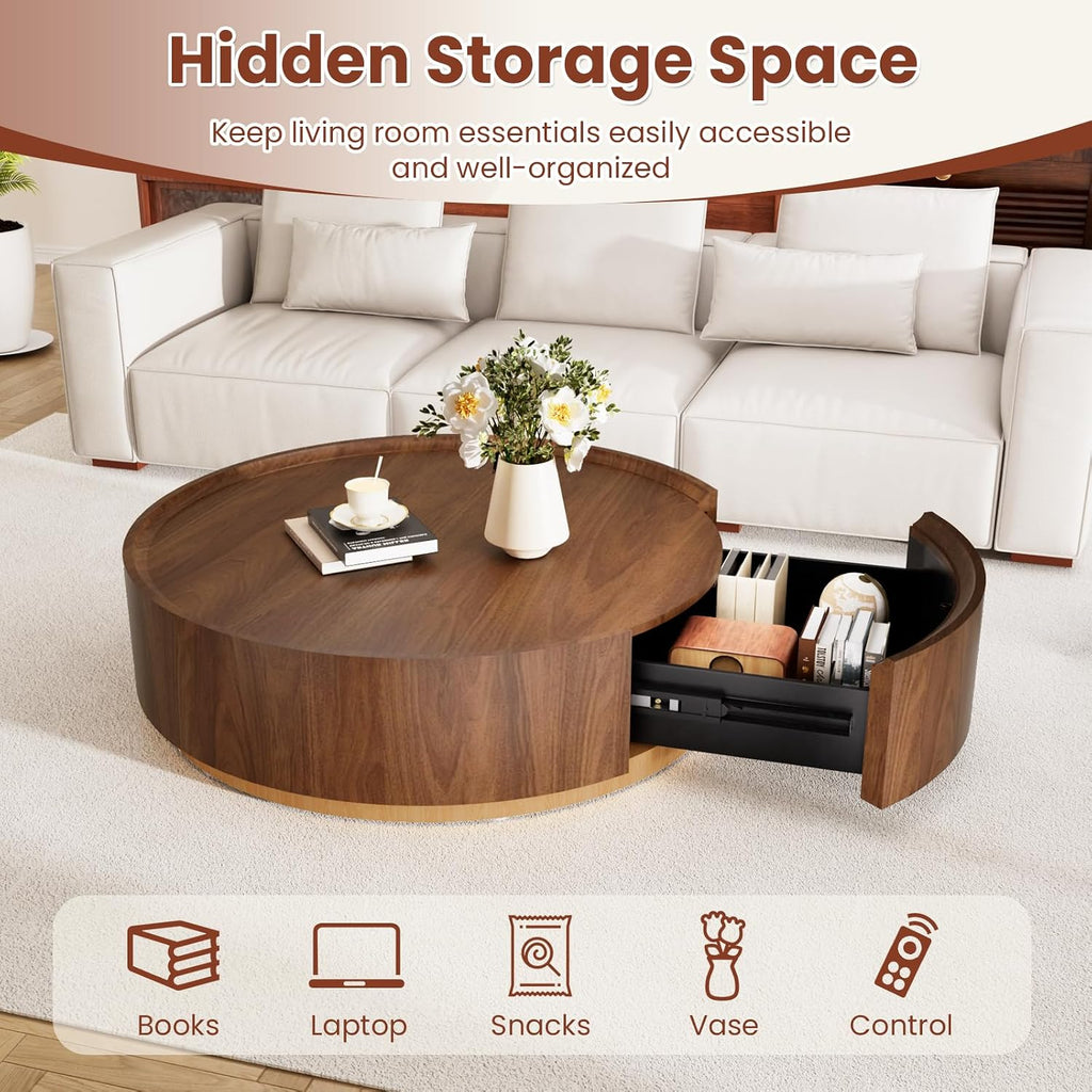 35.4' Round Coffee Table with Storage, Mid Century Modern Coffee Table with Hidden Drawer, Wooden Circle Center Tables, Drum Accent Tea Tables for Living Room Small Spaces (Walnut with Drawer)