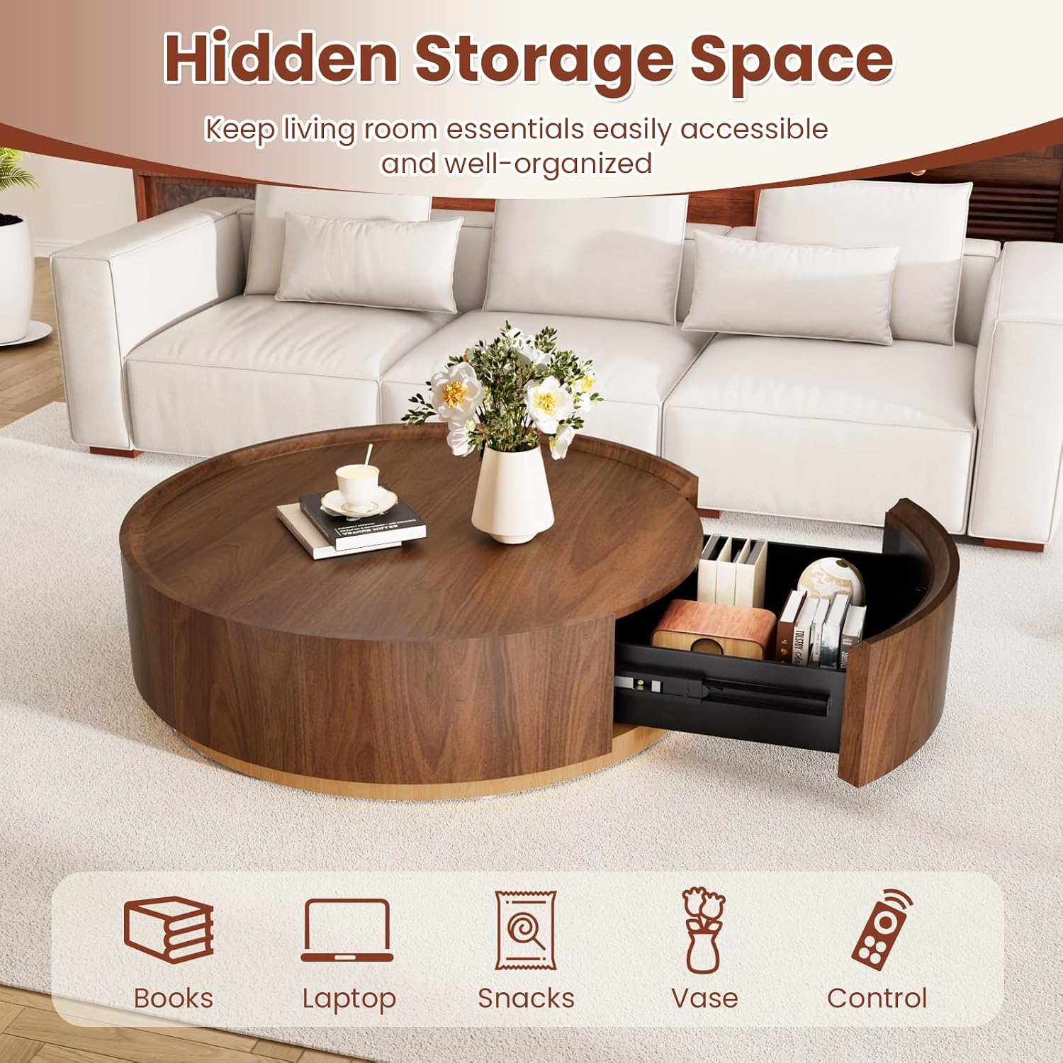 35.4' Round Coffee Table with Storage, Mid Century Modern Coffee Table with Hidden Drawer, Wooden Circle Center Tables, Drum Accent Tea Tables for Living Room Small Spaces (Walnut with Drawer)