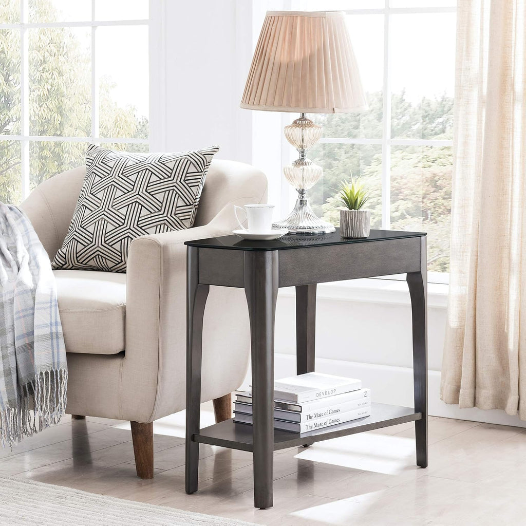 Leick Home Obsidian End Table, Solid Wood, Narrow Wedge Shape, Glass Tabletop, Bottom Display Shelf, Easy Assemlby, Smoke Gray/Black, 24.0 in. L x 17.0 in. W x 24.0 in. H, 11102-GR