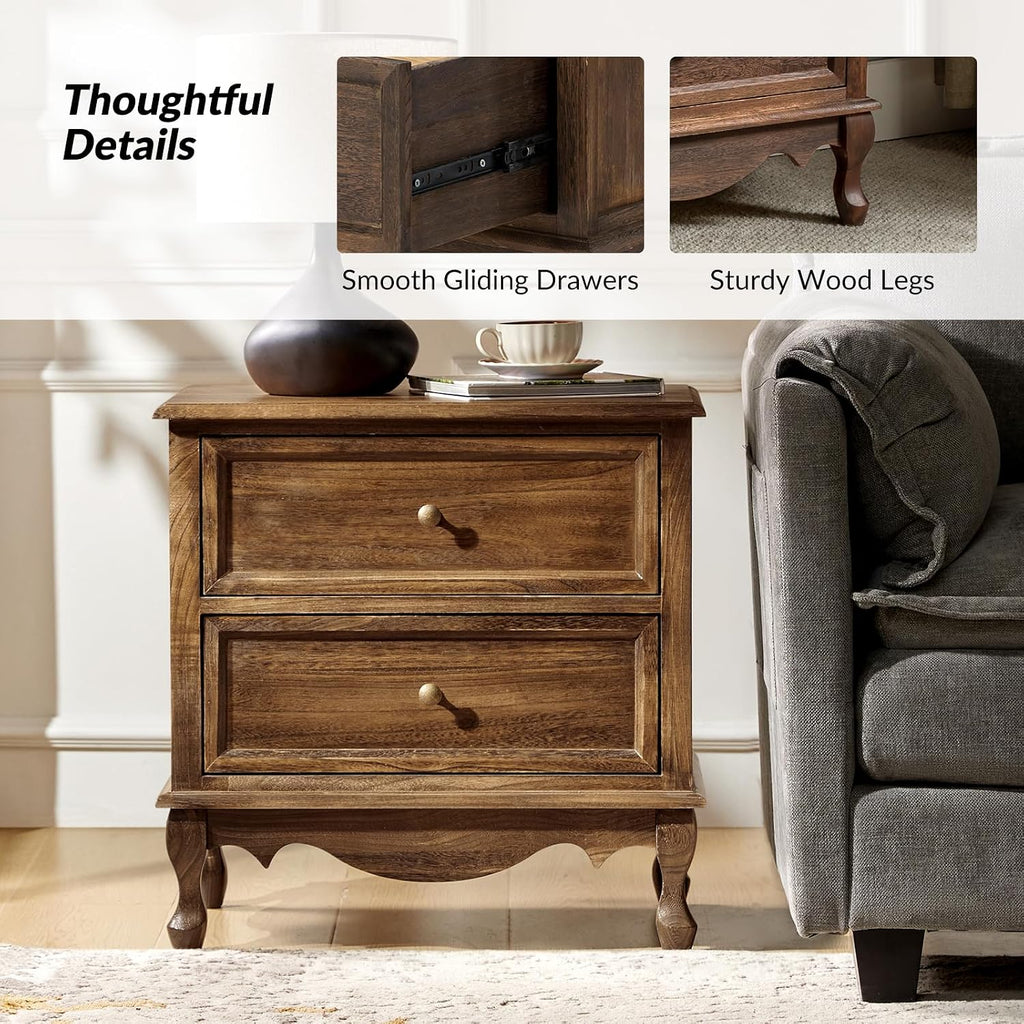 HULALA HOME Solid Wood End Table with Charging Station Space, Vintage Endtable with Wood Legs and 2 Drawers, French Side Table for Living Room，Walnut