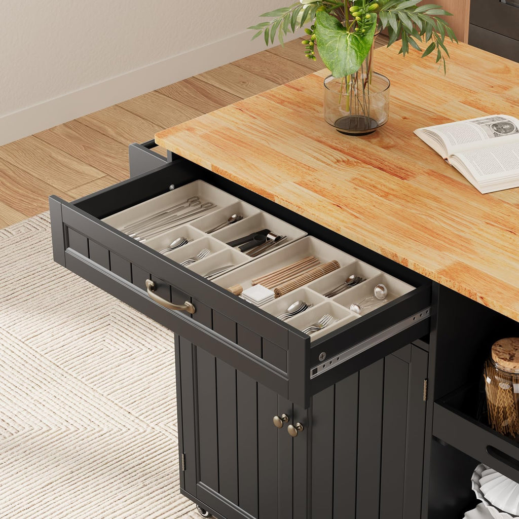 Gizoon Kitchen Island with Storage, Kitchen Island with Drop Leaf, 41.7''W Rolling Dining Cart, Foldable Countertop, 5 Wheels, Refrigerator Door, Adjustable Shelves, Spice/Towel Rack, Black