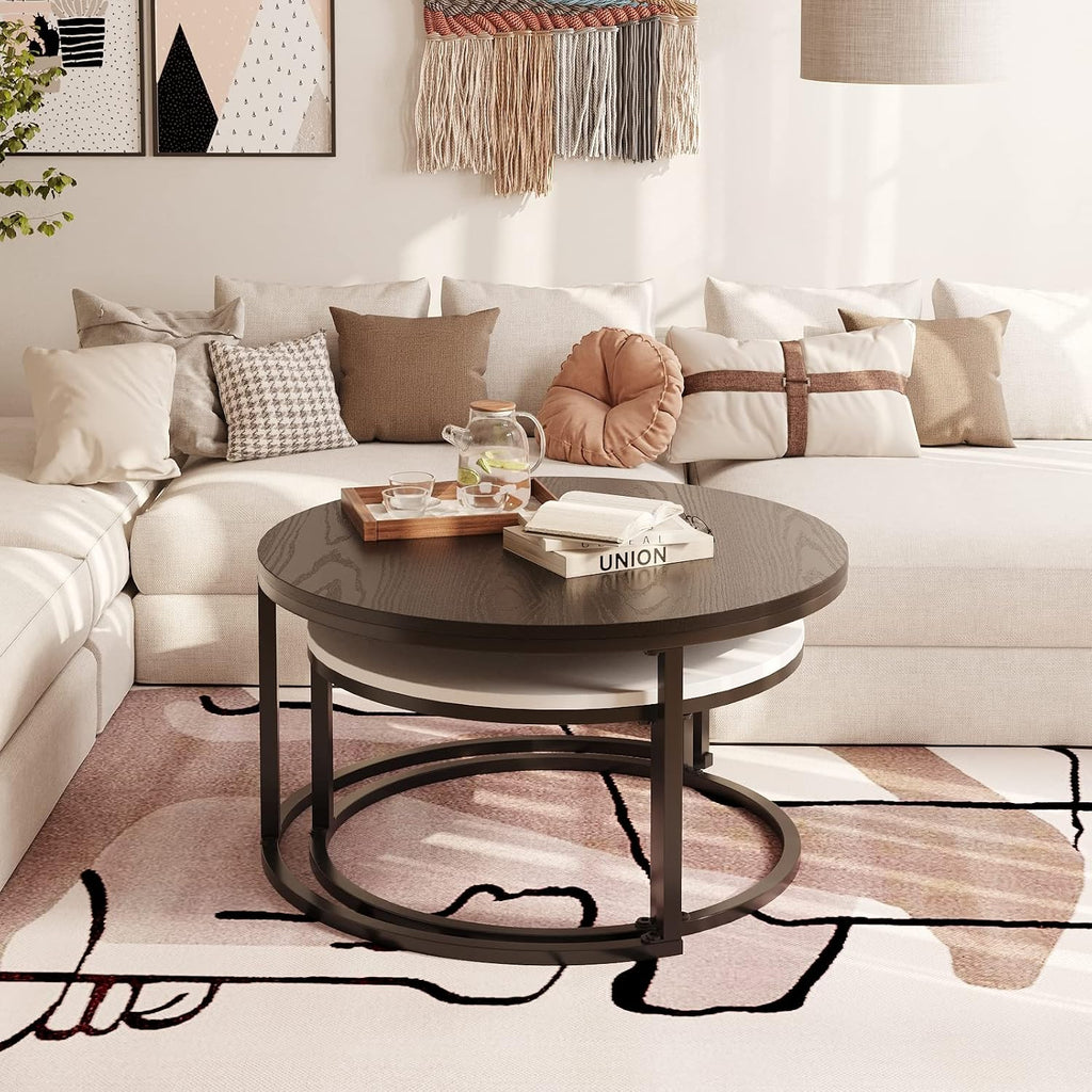 WiberWi Round Coffee Table, Nesting Tables Set of 2, Large : Ø 34.0', Small : Ø 26.0', Modern Design Furniture Side End Table for Living Room, Metal Frame Sofa Table Cocktail Table, Black & White