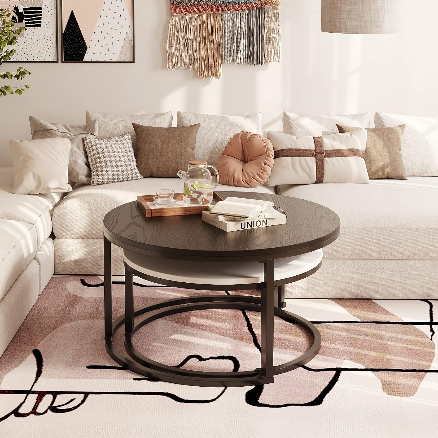 WiberWi Round Coffee Table, Nesting Tables Set of 2, Large : Ø 34.0', Small : Ø 26.0', Modern Design Furniture Side End Table for Living Room, Metal Frame Sofa Table Cocktail Table, Black & White