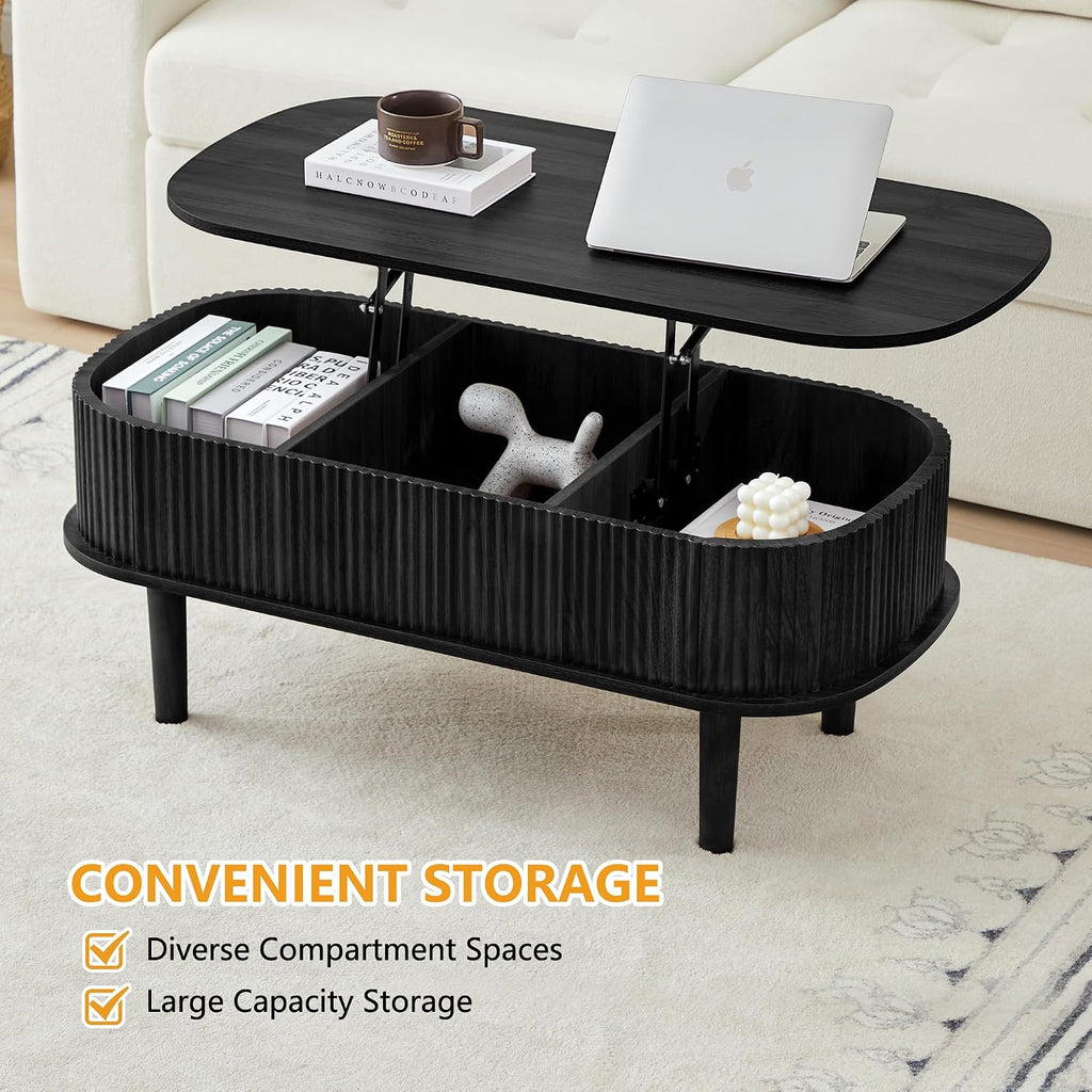 Fully Assembled Fluted Lift Top Coffee Table with Hidden Compartment, Wooden Center Table, Modern Oval Lift Tabletop for Home Living Room Office, Black