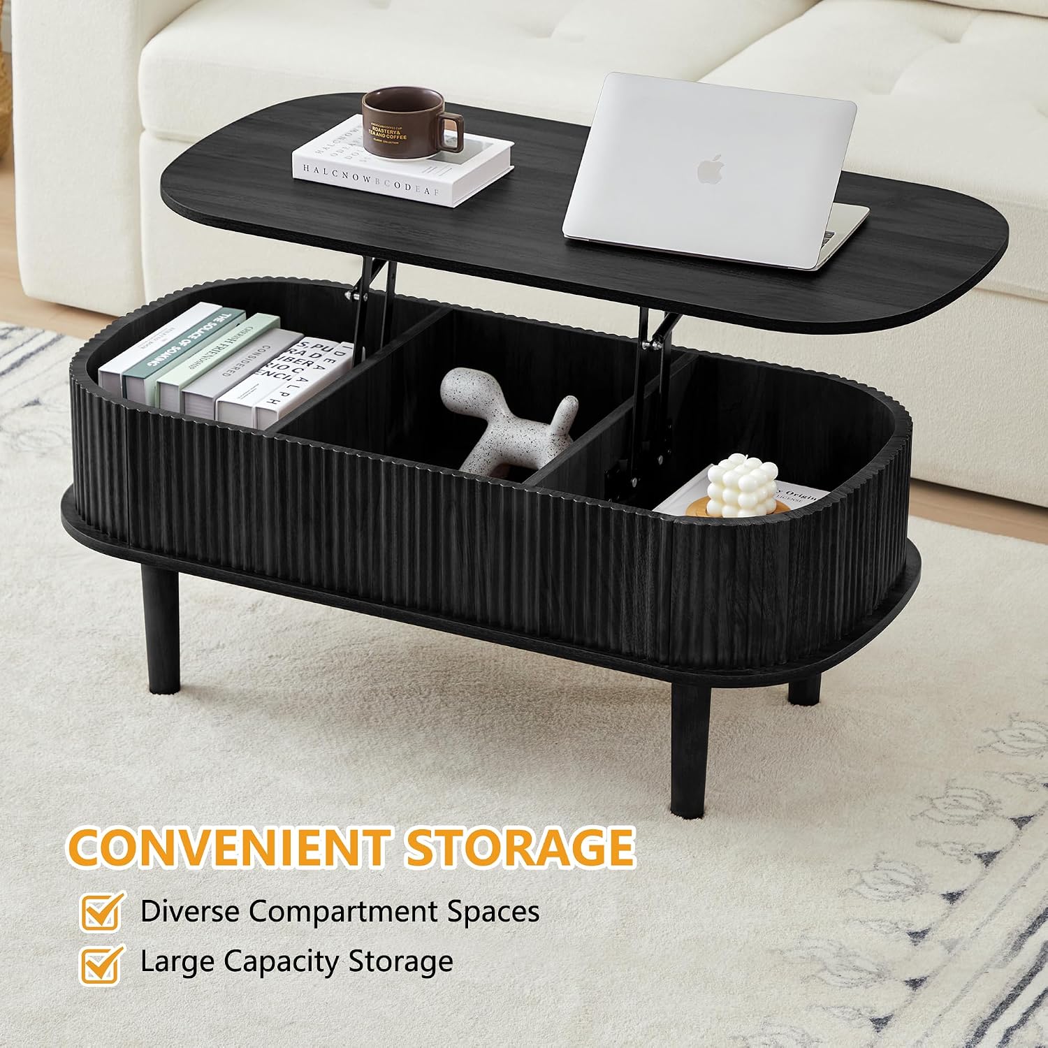 Fully Assembled Fluted Lift Top Coffee Table with Hidden Compartment, Wooden Center Table, Modern Oval Lift Tabletop for Home Living Room Office, Black