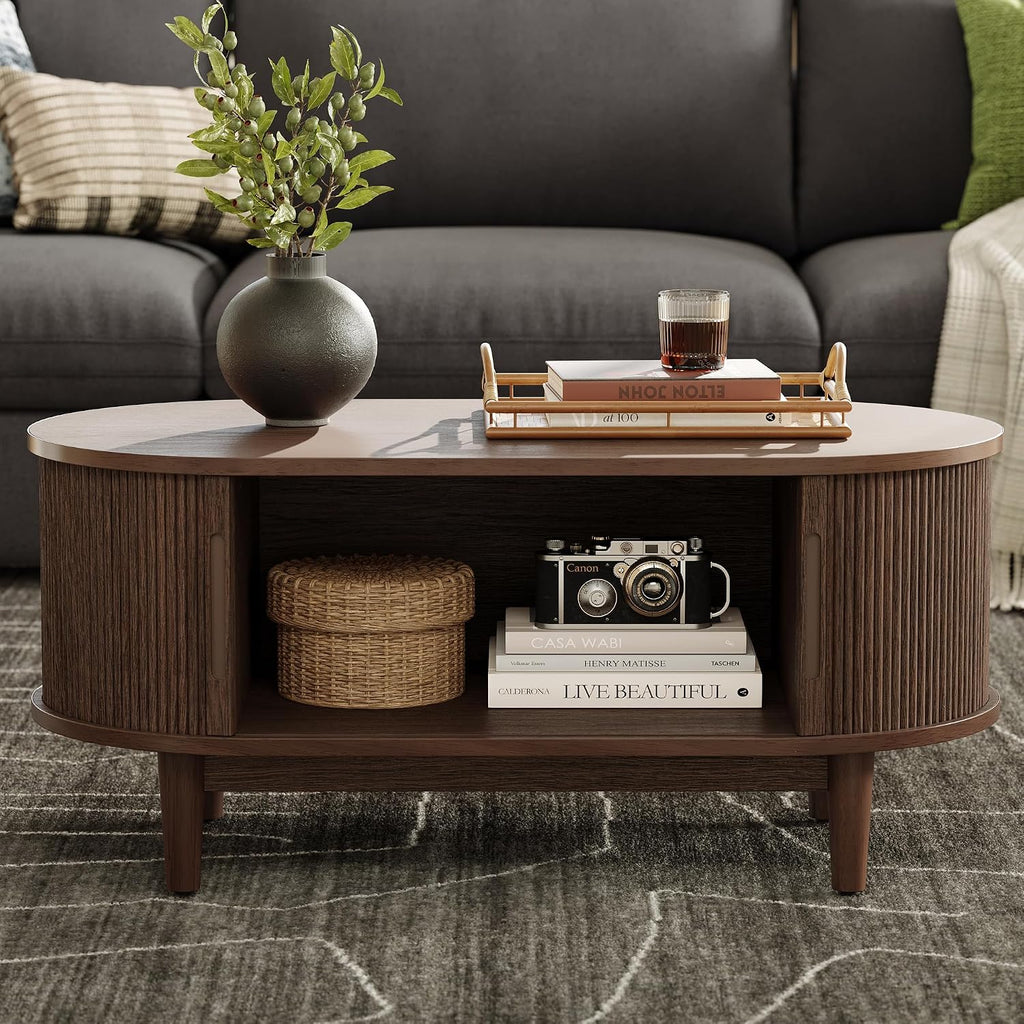 LINSY HOME Oval Coffee Table, Wood Coffee Table with Storage, Fluted Accent Center Table with Sliding Tambour Door, 39' Mid Century Modern Coffee Tables for Living Room, Bedroom, Apartment, Walnut