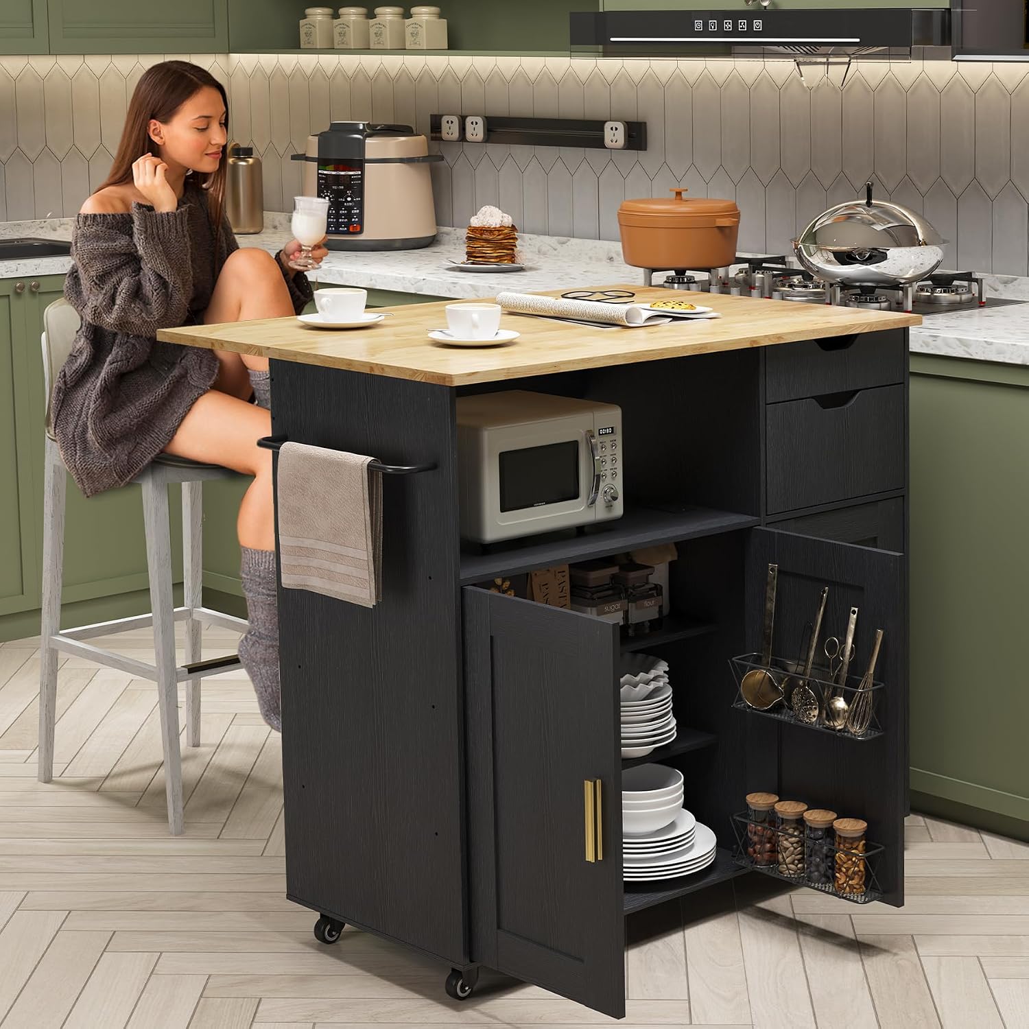 Kitchen Island Cart with Power Outlet, Rolling Kitchen Cart on Wheels with Storage Cabinet, Drawers, Spice Rack & Towel Bar, Portable Kitchen Island Table with Wood Top for Small Space, Black