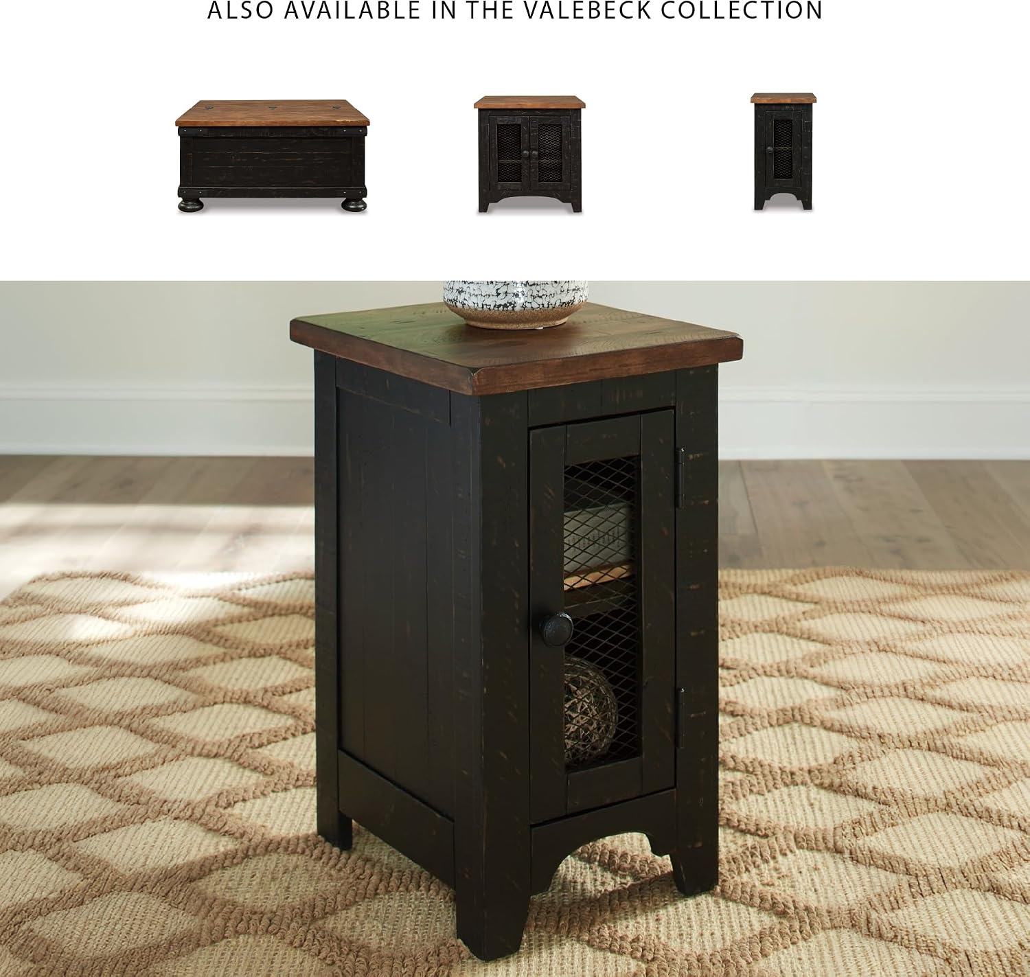 Signature Design by Ashley Valebeck Rustic Farmhouse Chair Side End Table with Cabinet Door, Distressed Black