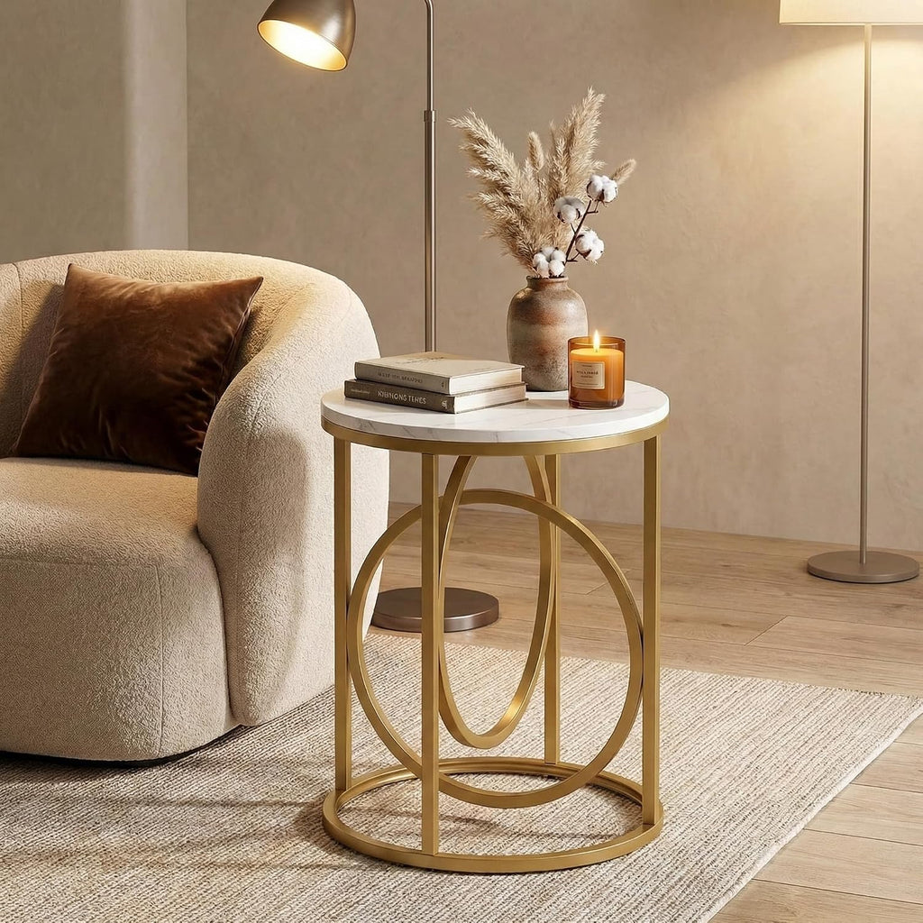 LITTLE TREE 20' Round End Table，Modern Sofa Side Table with Gold O-Shaped Base, Faux Marble White Cocktail Table Accent Table Nightstand for Living Room Bedroom, 2PCS