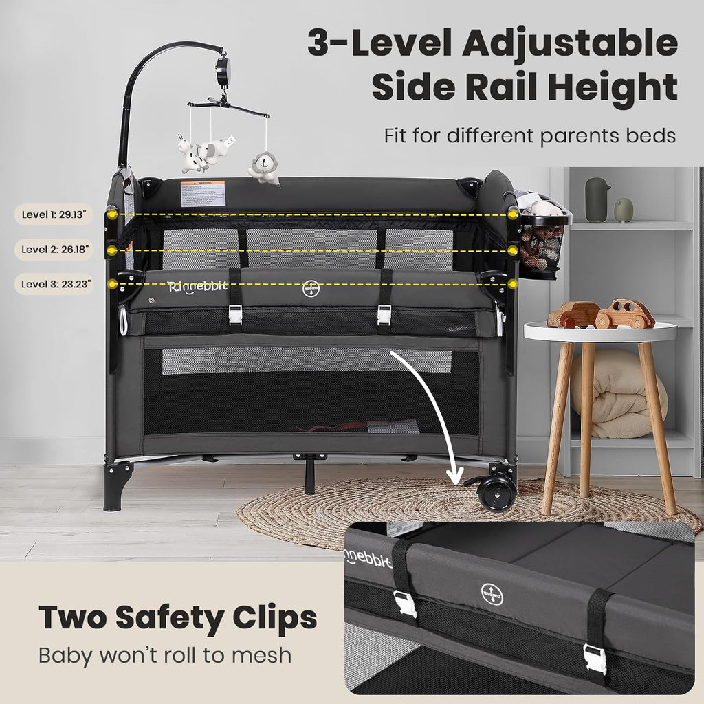 Rinnebbit Baby Bassinets Bedside Sleeper, 4 in 1 Portable Bedside Crib w/Mattress, Diaper Changer, Storage Basket, Music Box, Carry Bag, Foldable Playard Sleeper for Newborn (Black)