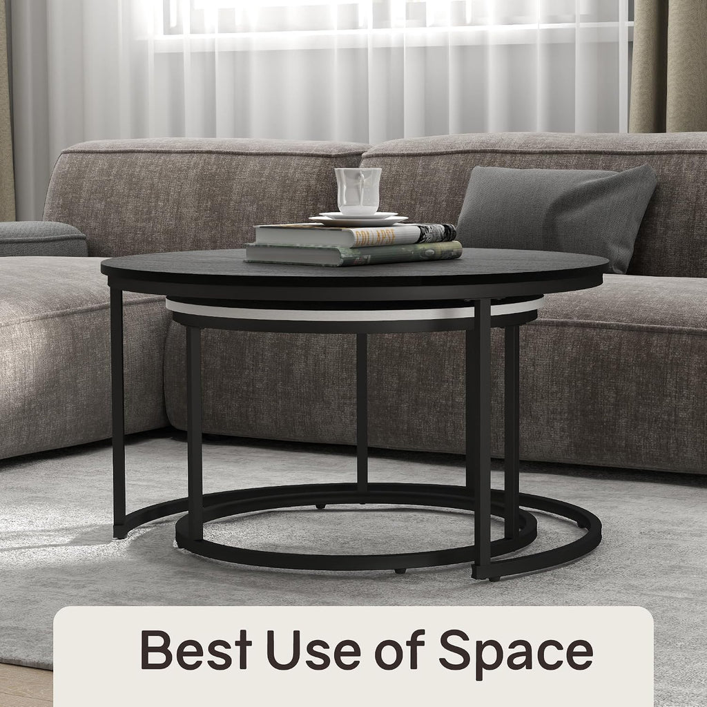 Otterease Nesting Tables Set of 2, 31.5' Round Coffee Table, Small Nesting Coffee Table with Adjustable Non-Slip Fee, Wood Grain Top Nesting Tables for Living Room, Bedroom (Wood Grain Black&White)