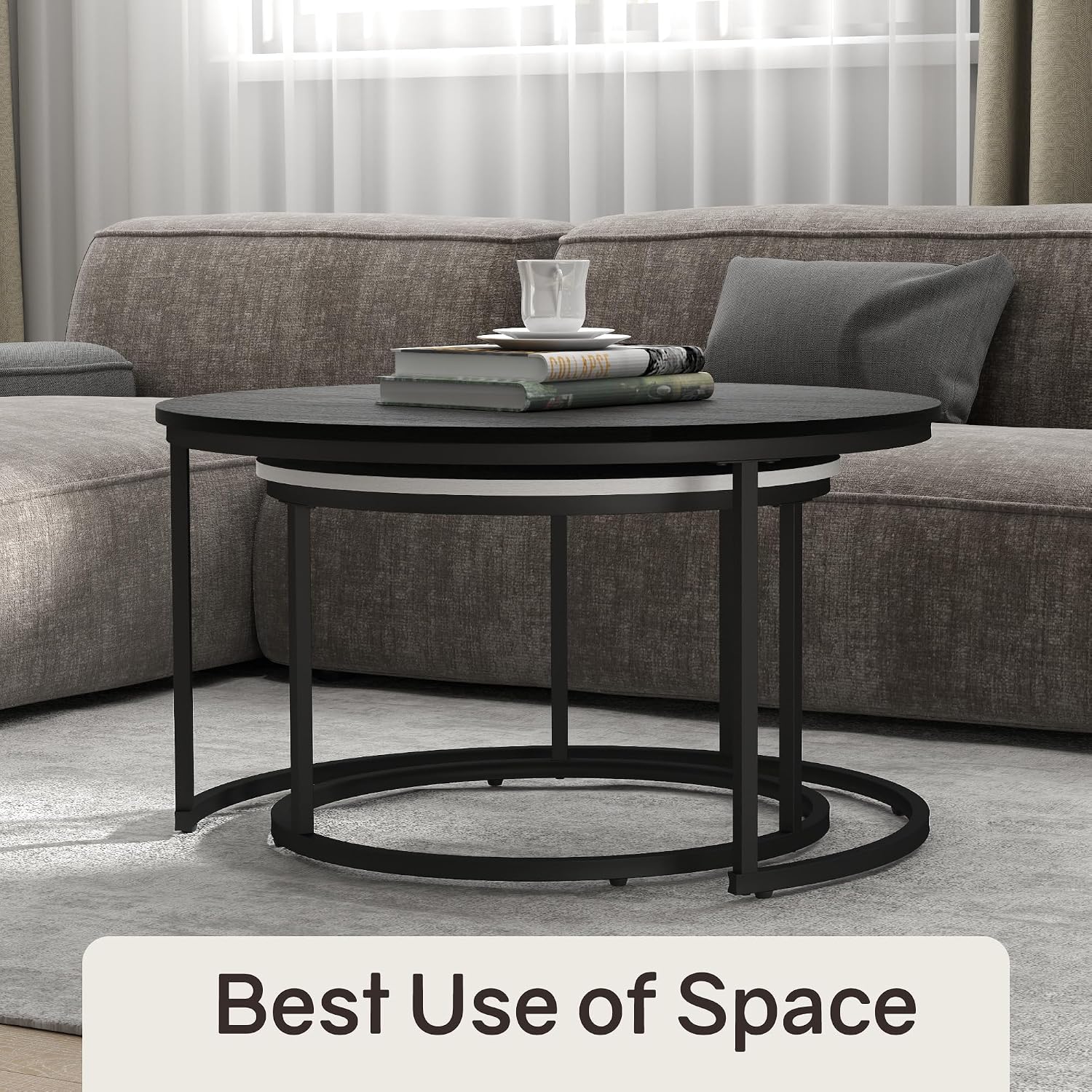 Otterease Nesting Tables Set of 2, 31.5' Round Coffee Table, Small Nesting Coffee Table with Adjustable Non-Slip Fee, Wood Grain Top Nesting Tables for Living Room, Bedroom (Wood Grain Black&White)