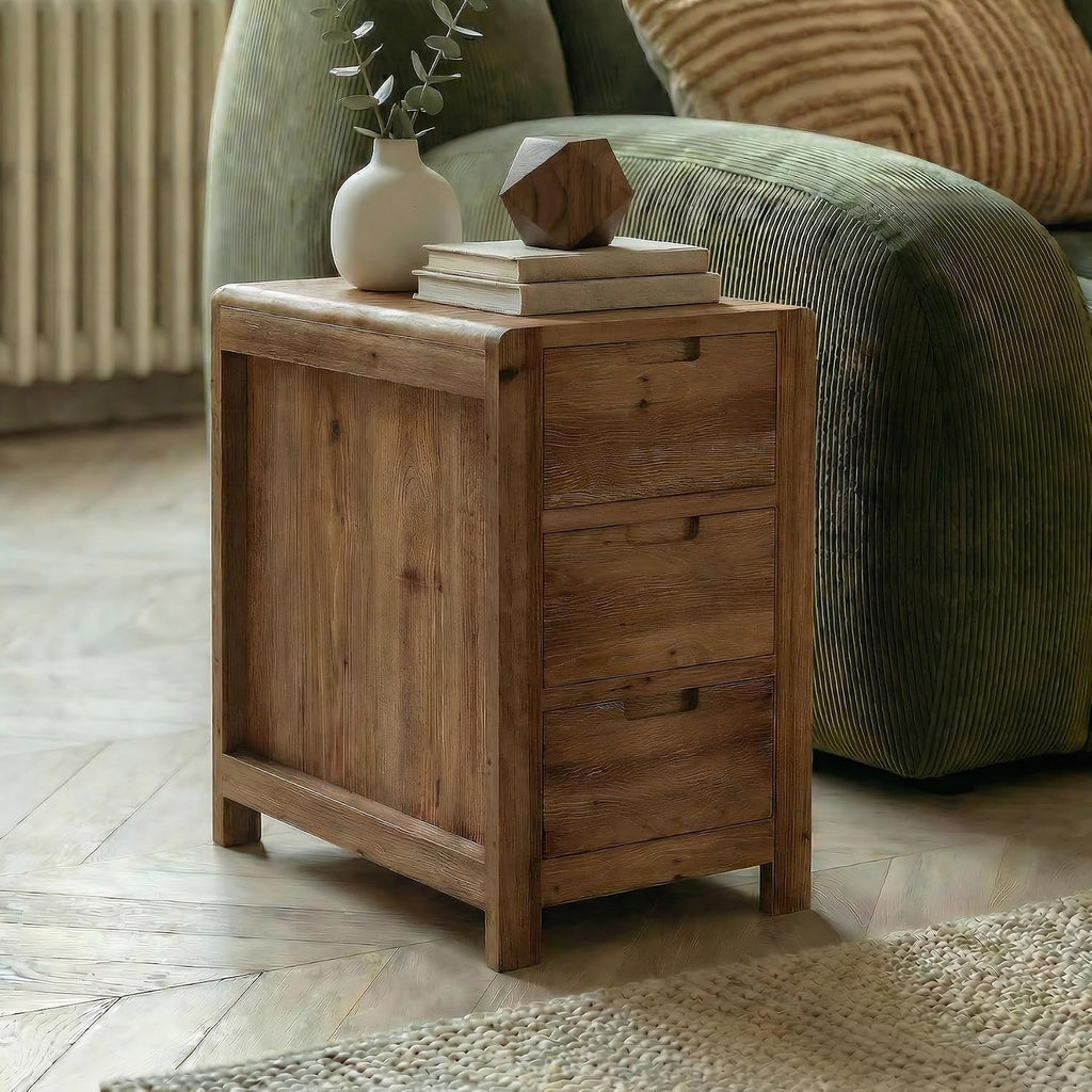 LITTLE TREE 3-Drawer Real Wood End Table, Narrow Side Table with Storage Drawers, Solid Wood Sofa Side Table for Living Room, Slim Nightstand Bedside Table for Bedroom, Natural Wood Color