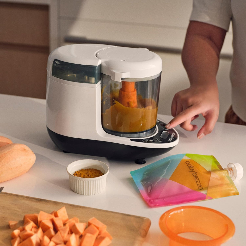 Baby Brezza One Step Baby Food Maker Deluxe – Auto shut Off, Dishwasher Safe Cooker and Blender to Steam + Puree Organic Food for Infants + Toddlers - Set of 3 Pouches + 3 Funnels