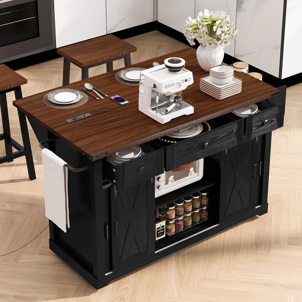 Large Farmhouse Kitchen Island with Drop Leaf, Power Outlet, Sliding Barn Doors and Metal Grid Side Door, 58' Rustic Storage Island Glass Holders for Dining Room