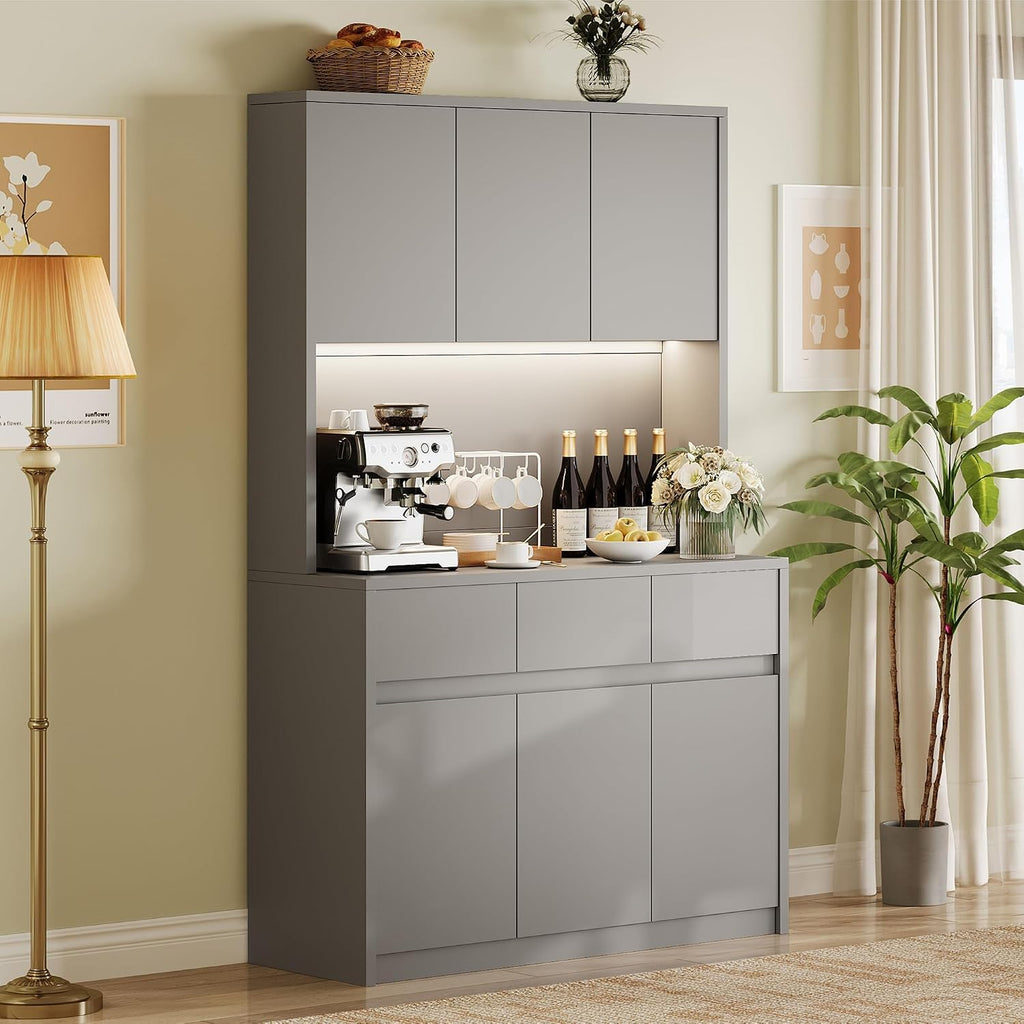 71' Kitchen Pantry Cabinet,Tall Storage Cabinet with Doors & Shelves Adjustable, Kitchen Storage Hutch with Microwave Shelf,Coffee Bar,Led Lights&Charging Station,Corner Pantry Cabinet for Living Room