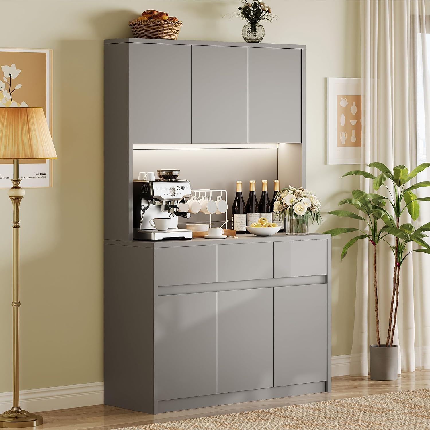 71' Kitchen Pantry Cabinet,Tall Storage Cabinet with Doors & Shelves Adjustable, Kitchen Storage Hutch with Microwave Shelf,Coffee Bar,Led Lights&Charging Station,Corner Pantry Cabinet for Living Room