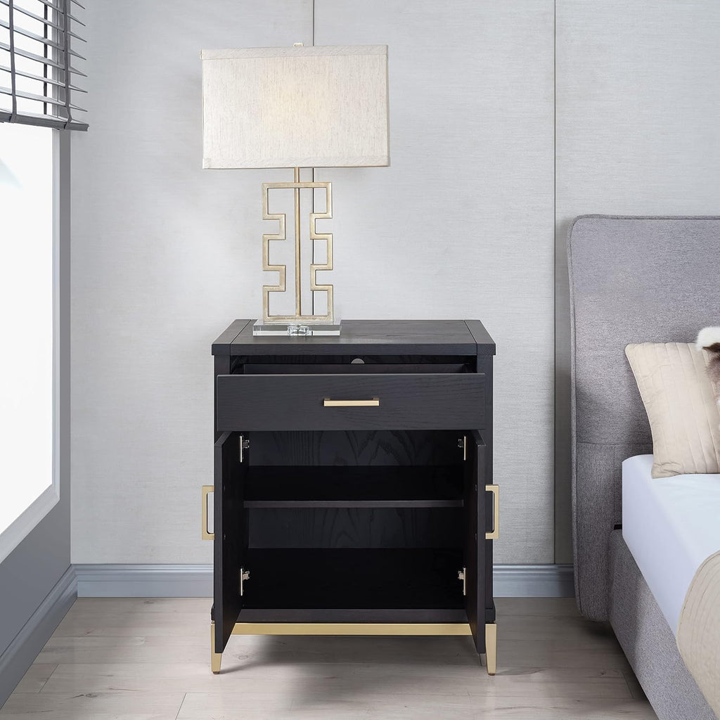 Leick Home Julien Nightstand Side Table One Drawer and Lower Cabinet Modern – Fast Charging Station – Durable Solid Wood – Living Room, Bedroom, Office, Black with Gold Trim, 9079–BLKGD
