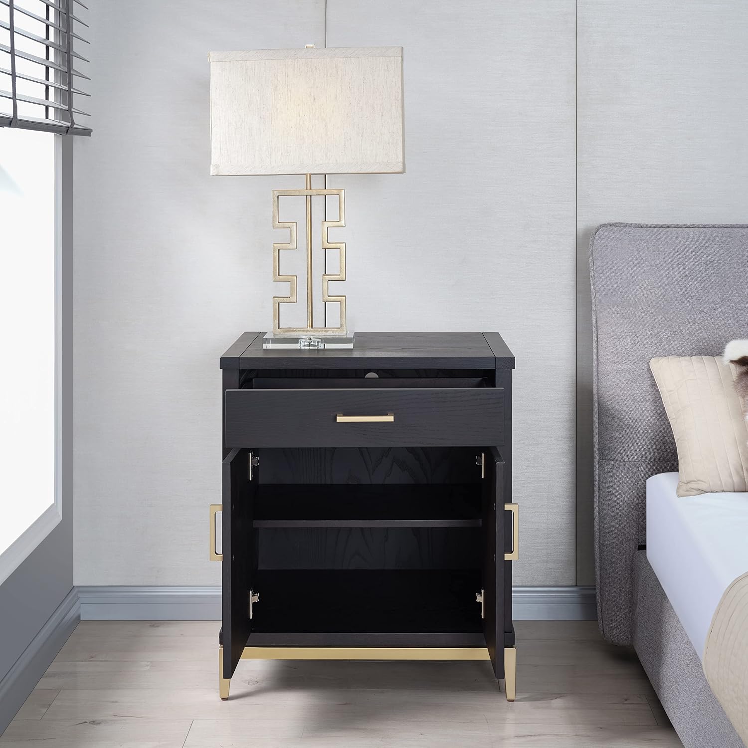 Leick Home Julien Nightstand Side Table One Drawer and Lower Cabinet Modern – Fast Charging Station – Durable Solid Wood – Living Room, Bedroom, Office, Black with Gold Trim, 9079–BLKGD