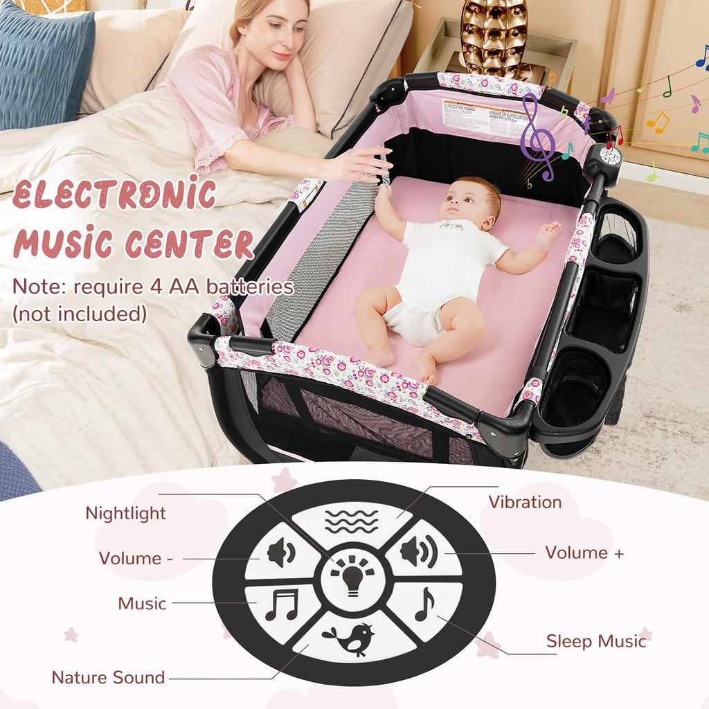 HONEY JOY Pack and Play, 4 in 1 Portable Baby Crib Playpen w/Bassinet, Changing Table, Canopy, Mattress, Music Box, Storage Bag, Foldable Pack and Play for Infant Boys Girls