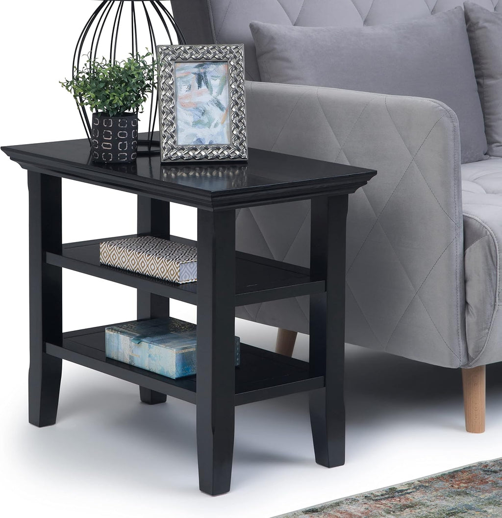 SIMPLIHOME Acadian Narrow Side Table - 14 inch Wide Solid Wood Rectangular End Table with 2 Open Shelves in Black, Transitional Lamp Stand or Nightstand for Living Room or Bedroom with Storage